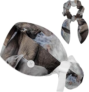 FVQL 2 Pieces Surgical Cap for Long Hair Scrub Cap with Hairband Nurse Cap, Animal Elephant