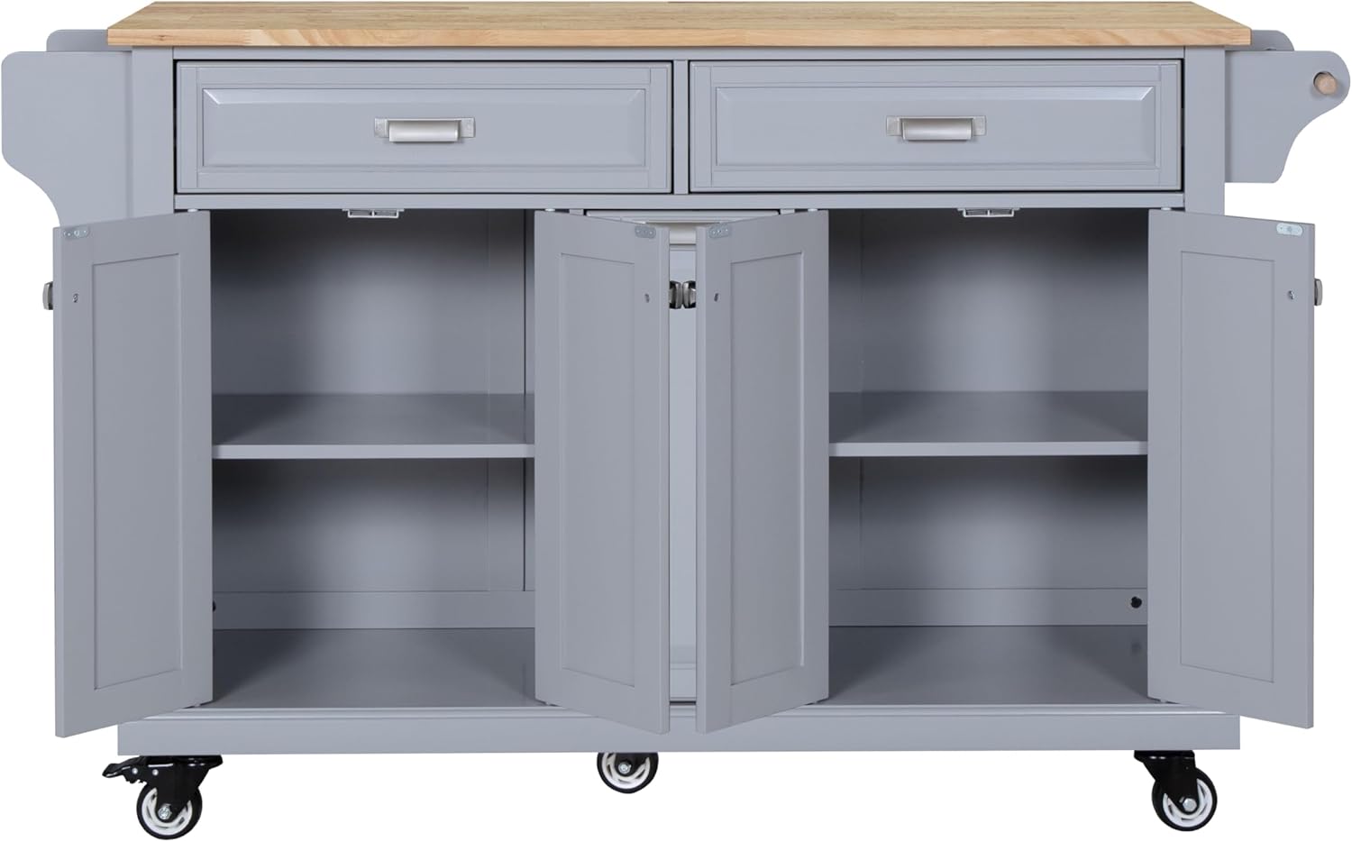 Cambridge Rolling Kitchen Island on Wheels Utility Cart with Spice and Towel Racks and Rubber Wood Countertop, Storage Drawers, Door Cabinets, Gray