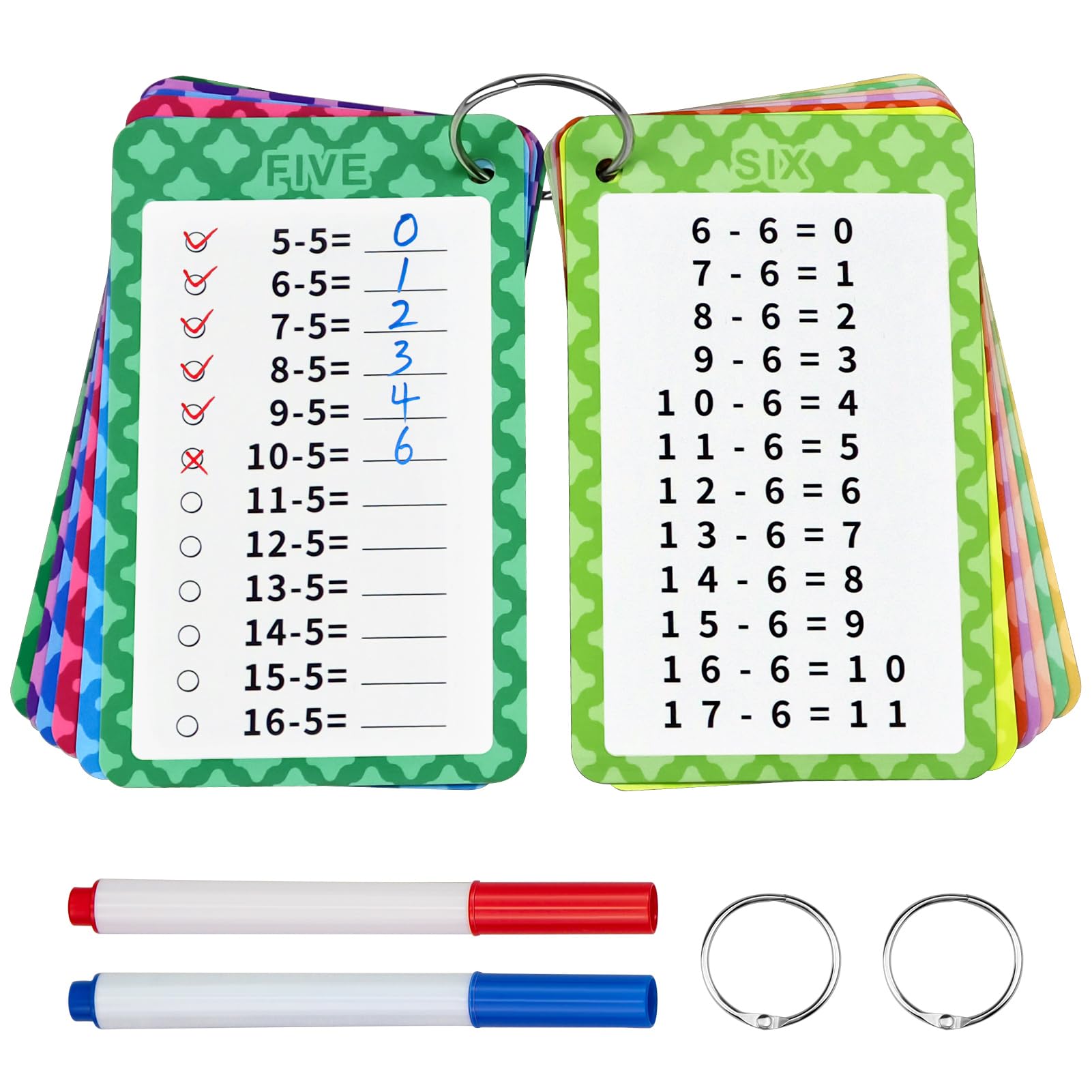 Subtraction Flashcards 0-12, 13 Pcs Math Flashcards, Subtraction Math Game, Times Table Flash Cards with 2 Dry Erase Markers and 2 Rings for 1st to 3rd Grades