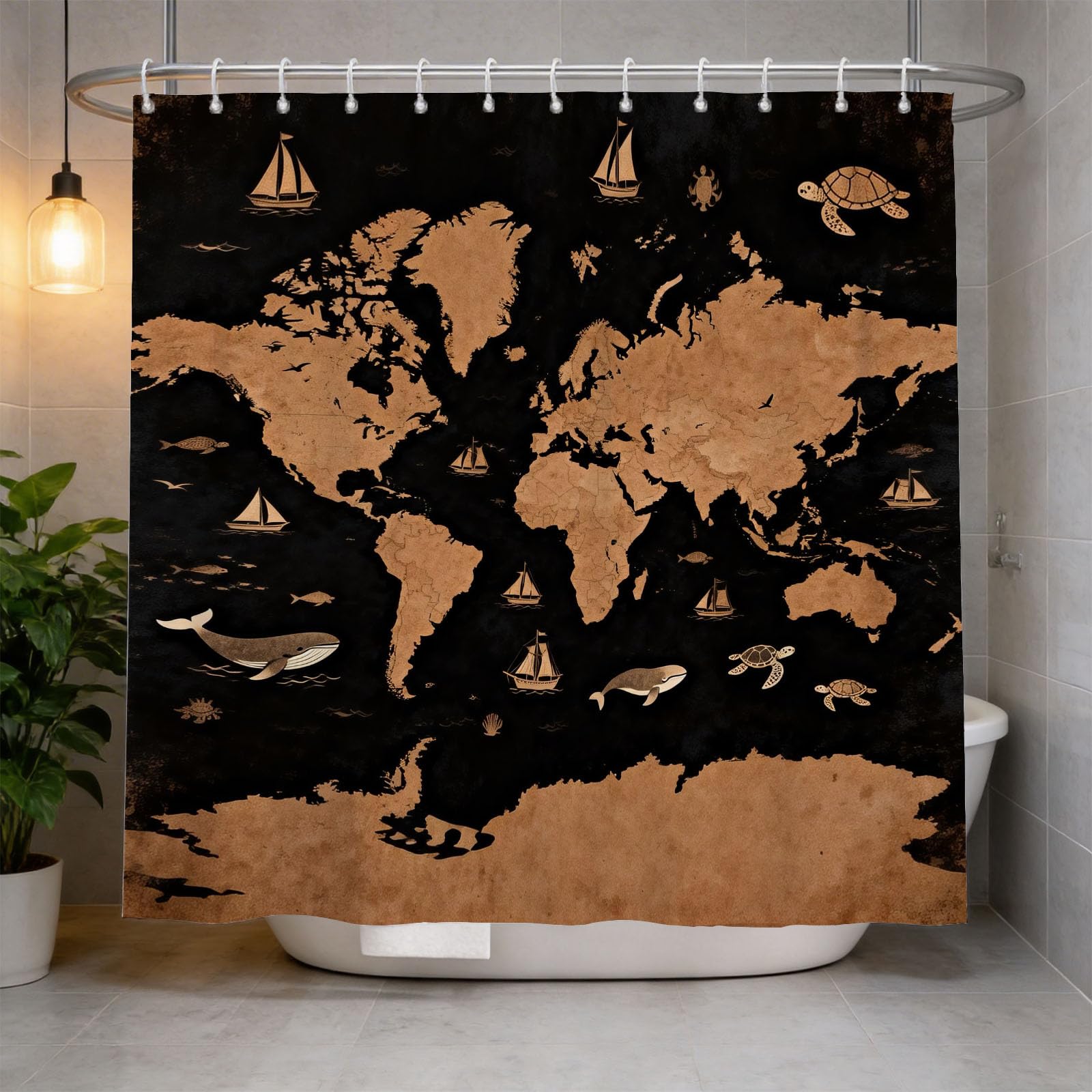 Hongduo 3D Nautical Map Shower Curtain for Stalls Bathtubs Antique Style Bathroom Decor Shower Curtain Set Polyester Fabric Waterproof 200x200cm/79X79 Inch with Hooks
