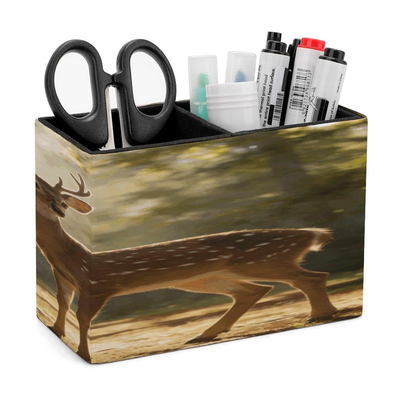 LZQPOEAS Deer Encounter The Dawn Light Pen Holder Double Compartments Pen Cup Makeup Brush Holders Leather Pencil Holder Locker Organizer for Work Locker Accessories Modern Pencil Cup for Desk