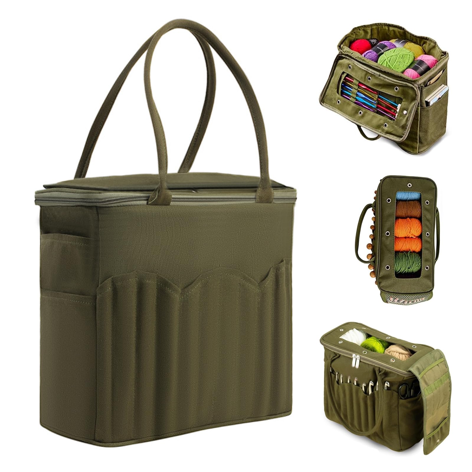 Große Canvas-Garn-Aufbewahrungstasche mit mehreren Taschen und Garnlöchern (Green)