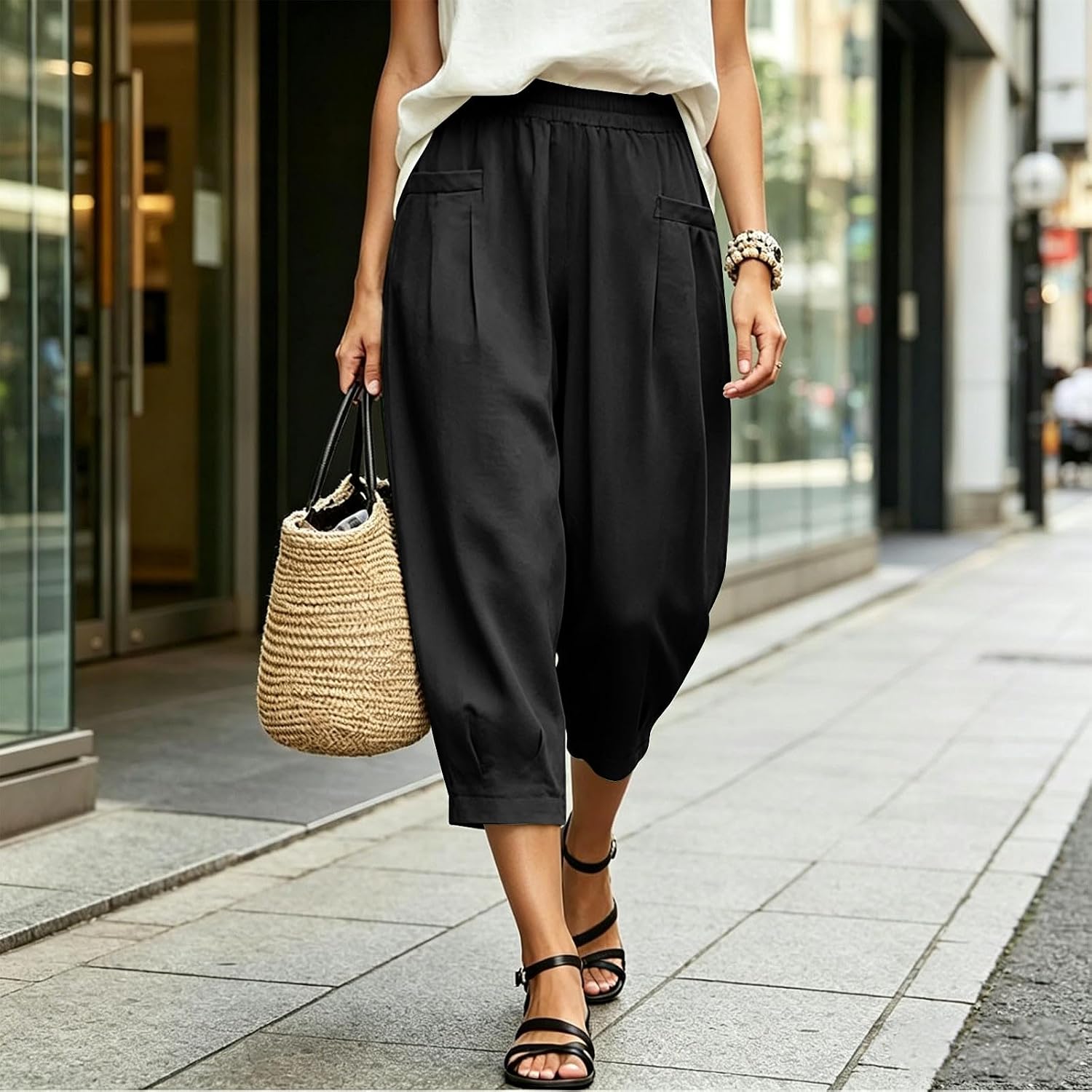 Capri Pants for Women Baggy Harem Loose Fit Cropped Pants Summer Casual Elastic Waist Trousers with Pockets
