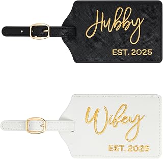 Hubby and Wifey Embroidered Luggage Tags, EST. 2025 Wedding Gift for Couples, Honeymoon Suitcase Tags, Travel Accessories, Bag Tags, Bridal Shower Engagement Gifts (Est 2025)
