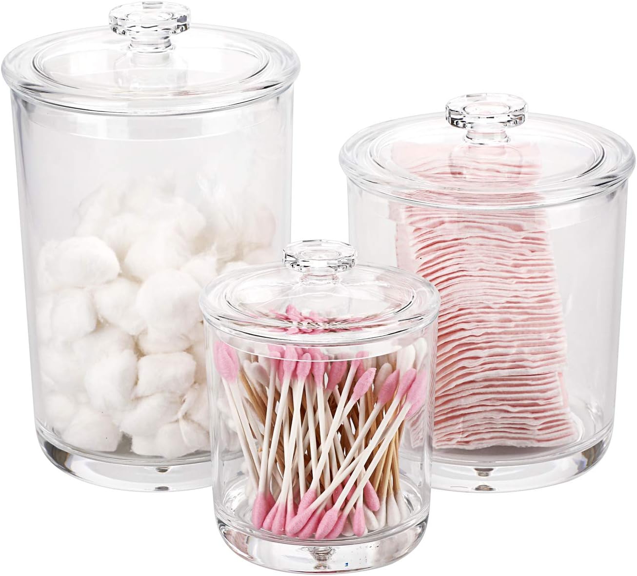 Hipiwe Clear Plastic Apothecary Jars with Lid, Large Size Bathroom Storage Canister Jar Cotton Ball and Swab Organizer Q-Tips Holder, 60-Ounce, 30-Ounce and 15-Ounce, Set of 3