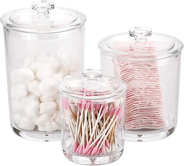 Sumnacon Set of 3 Size Clear Arclic Apothecary Jars with LidCotton Ball & Swabs Holder Clear Acrylic Bathroom Storage Container