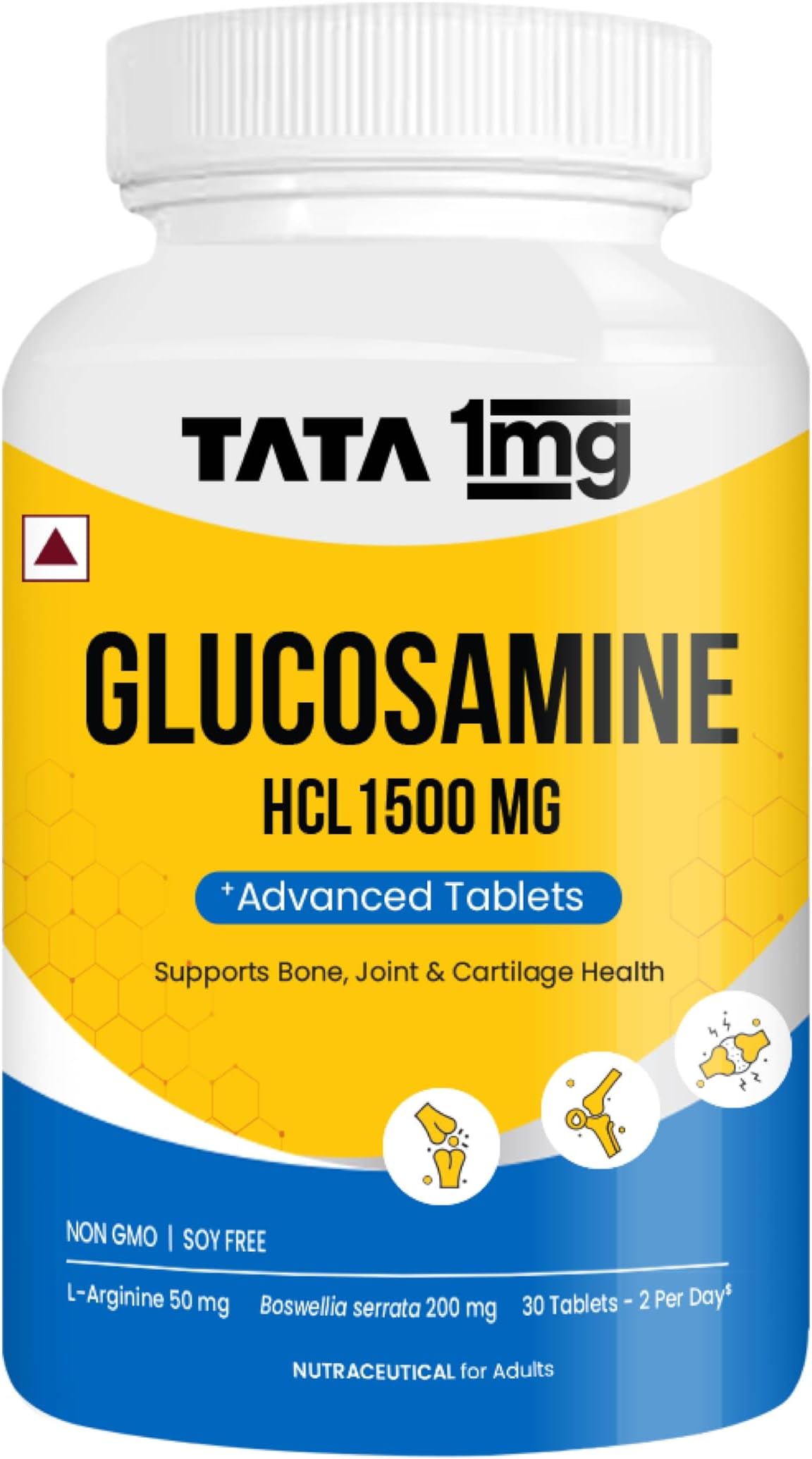 1MG Tata Glucosamine HCL 1500 Mg Tablets For Joint Health With Boswellia Serrata, Collagen Peptide, L-Arginine, And Curcuma Longa For Men & Women (Pack Of 1, 30 Tablets)