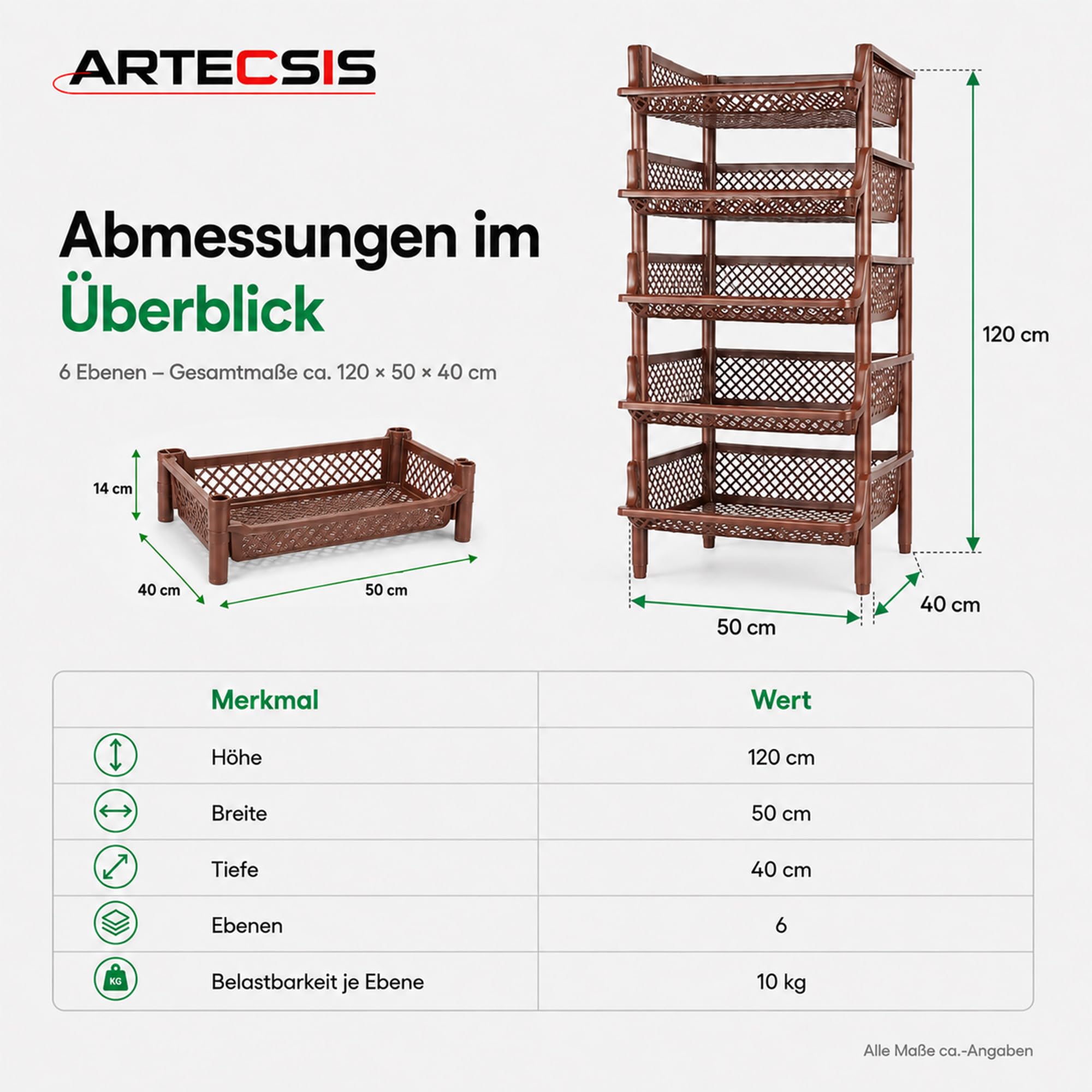 ARTECSIS Korbregal aus Kunststoff stapel-/erweiterbares Stecksystem als Stapelregal, 6 Regalelemente in Braun