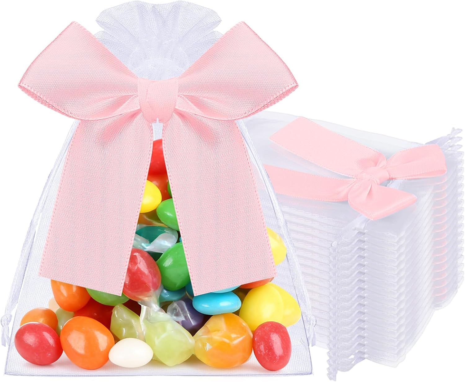 Shinylin 50 Pcs Pink Sheer Organza Jewelry Gift Bags with Attached Bows