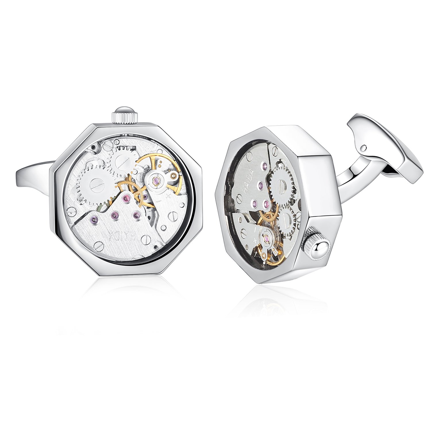 Watch Cufflinks for Mens - Octagon Working Movement Steampunk Wedding Business Gift with Box