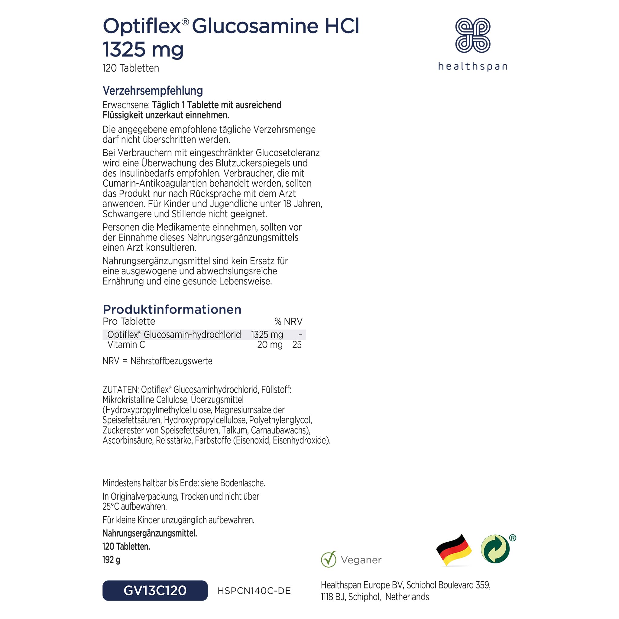 Healthspan Optiflex Glucosamin HCI 1.325mg mit Vitamin C | Schalentierfreie Tabletten für die Gesundheit der Gelenke | 40% mehr Glucosamin | Zusatz von Vitamin C | Vegan | 120 Tabletten