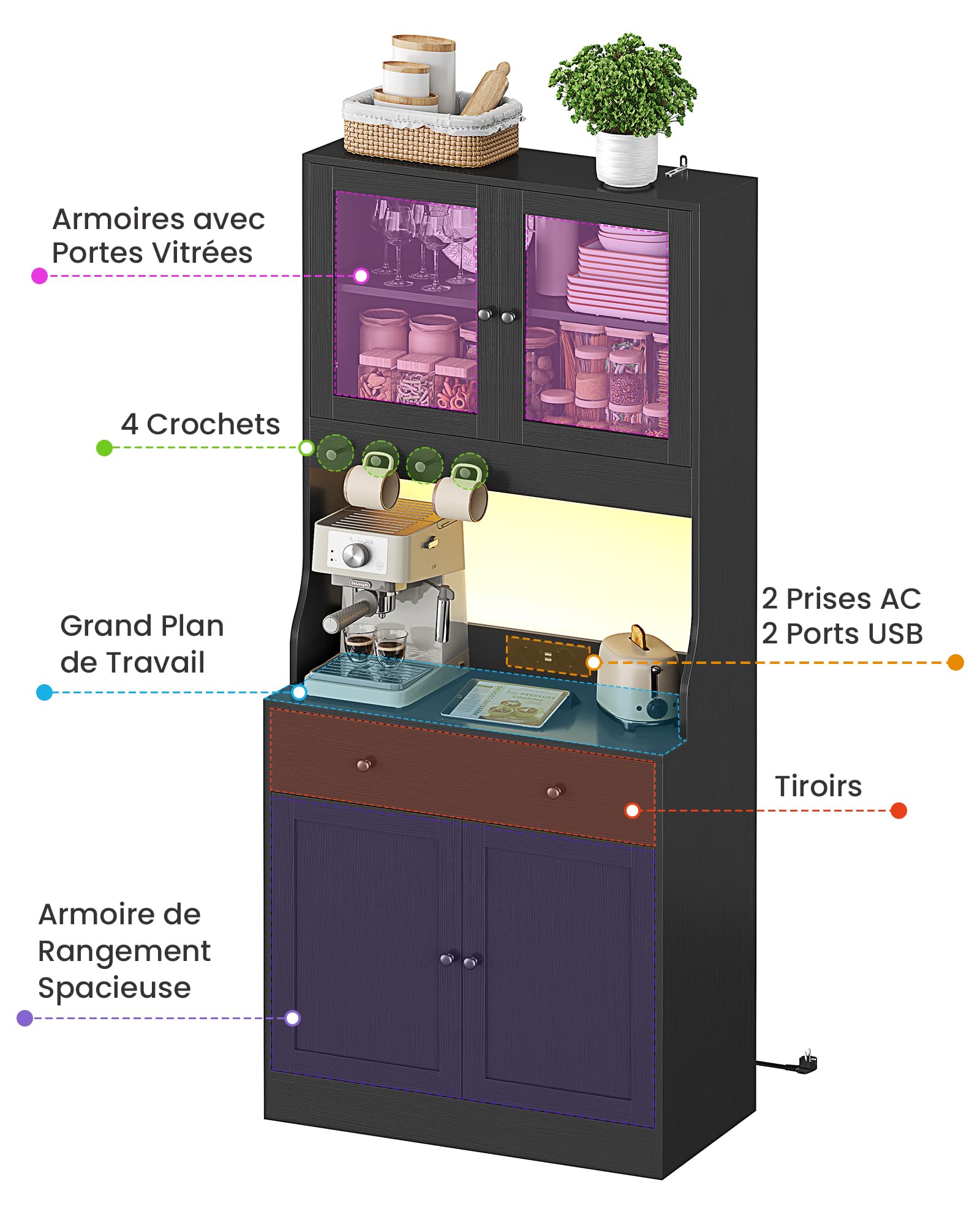 Buffet Cuisine avec LED et Multiprise, Meuble Cuisine Rangement avec Plan de Travail, 4 Compartiments Fermés, Tiroir avec Séparateurs, 4 Crochets, Étagères Réglables, Meuble Salle à Manger, Noir