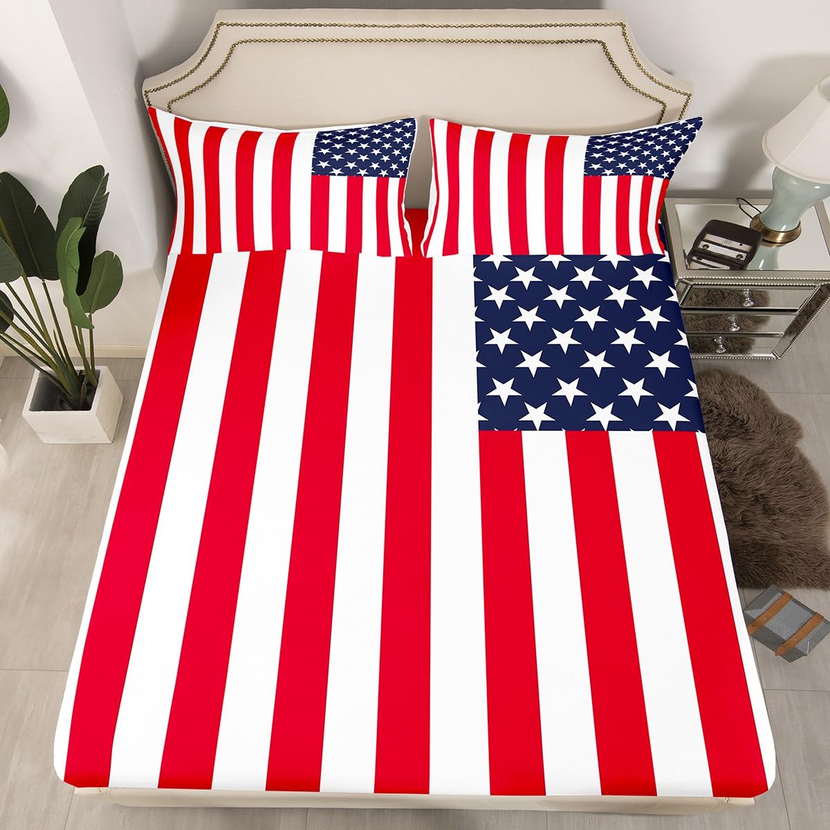 jejeloiu American Flag Fitted Sheet Queen Size Kids Bedding Set for Boys Girls Teens Red White Blue Bed Sheets Set