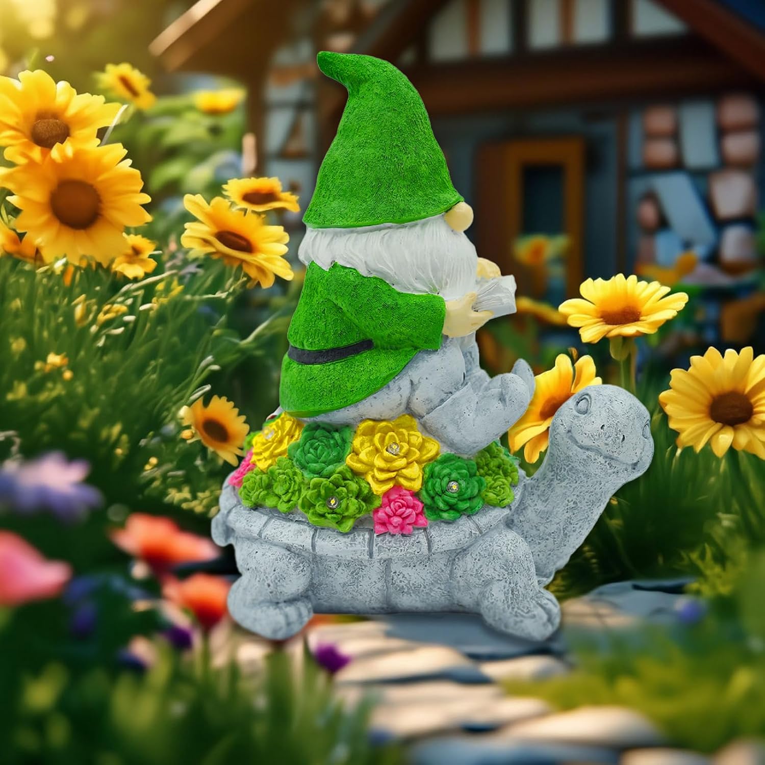 solar garden outdoor statues turtle gnome — outdoor figurine lights with gnome reading book garden accessories — tortoise statue lawn decor for patio balcony yard ornament art housewarming gifts