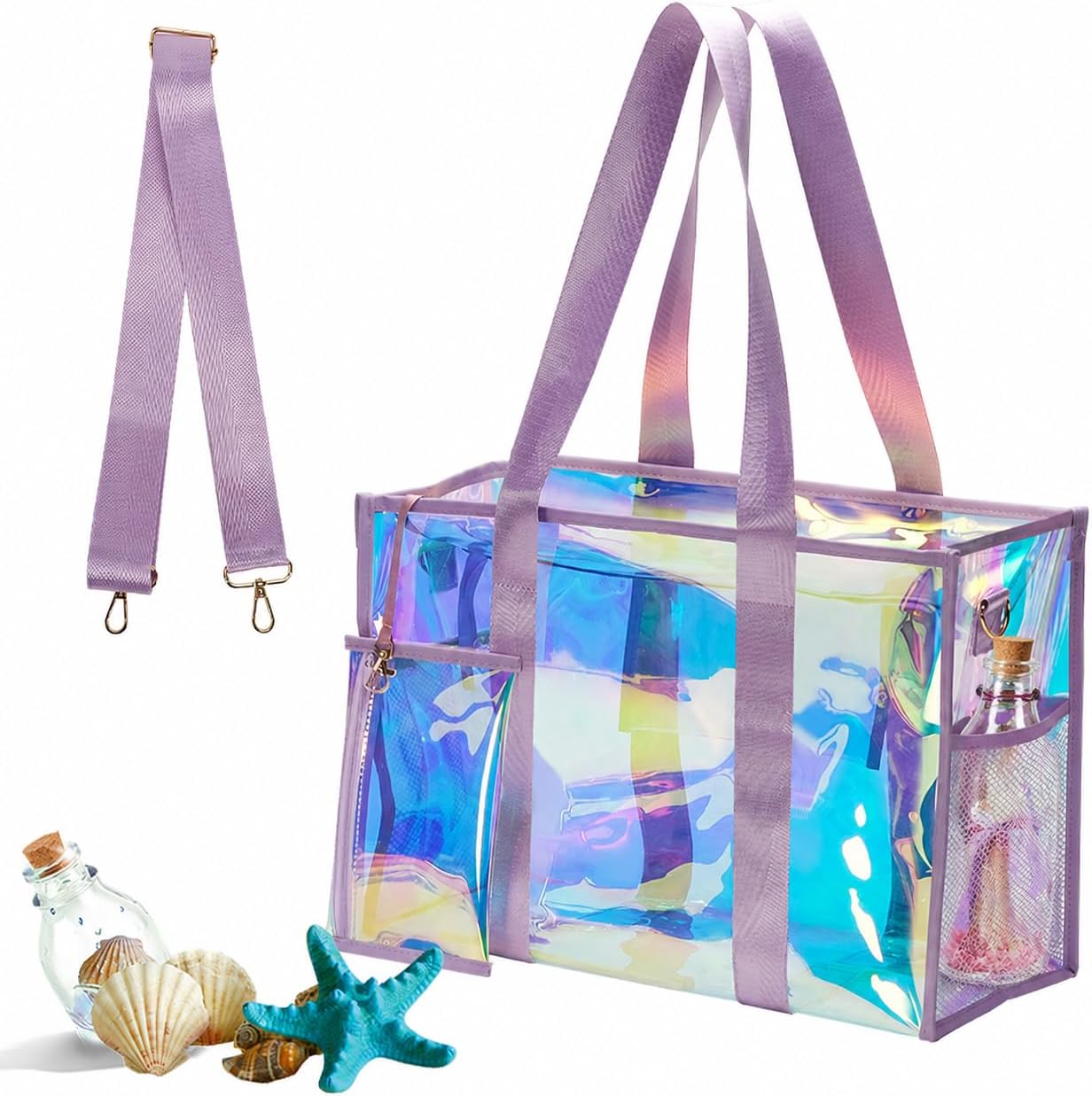 Jelly Beach Bag for Women, TPU Waterproof Iridescent Zipper Tote, Holographic Clear Beach Tote Summer Vacation