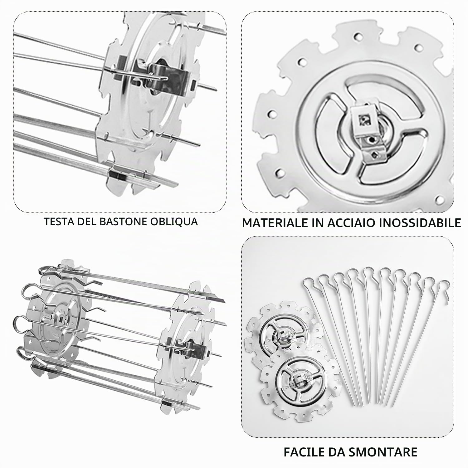 Set di 10 spiedini girevoli in acciaio inox, set di spiedini girevoli di qualità professionale, da utilizzare con forno, barbecue o friggitrice ad aria calda
