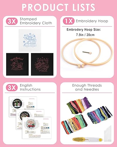 Miniatura 2 de TINDTOP Kit de bordado de Navidad para principiantes adultos, 3 juegos de costura de bordado, kit de práctica que incluye aros de tela para bordar,