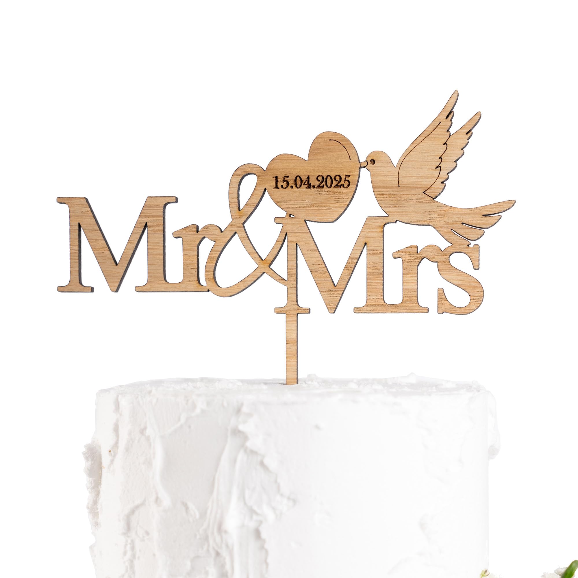 Wooden Wedding Cake Topper, Mr & Mrs Design, 4mm Thick, Rustic Style, Personalisable with Date (Oak)