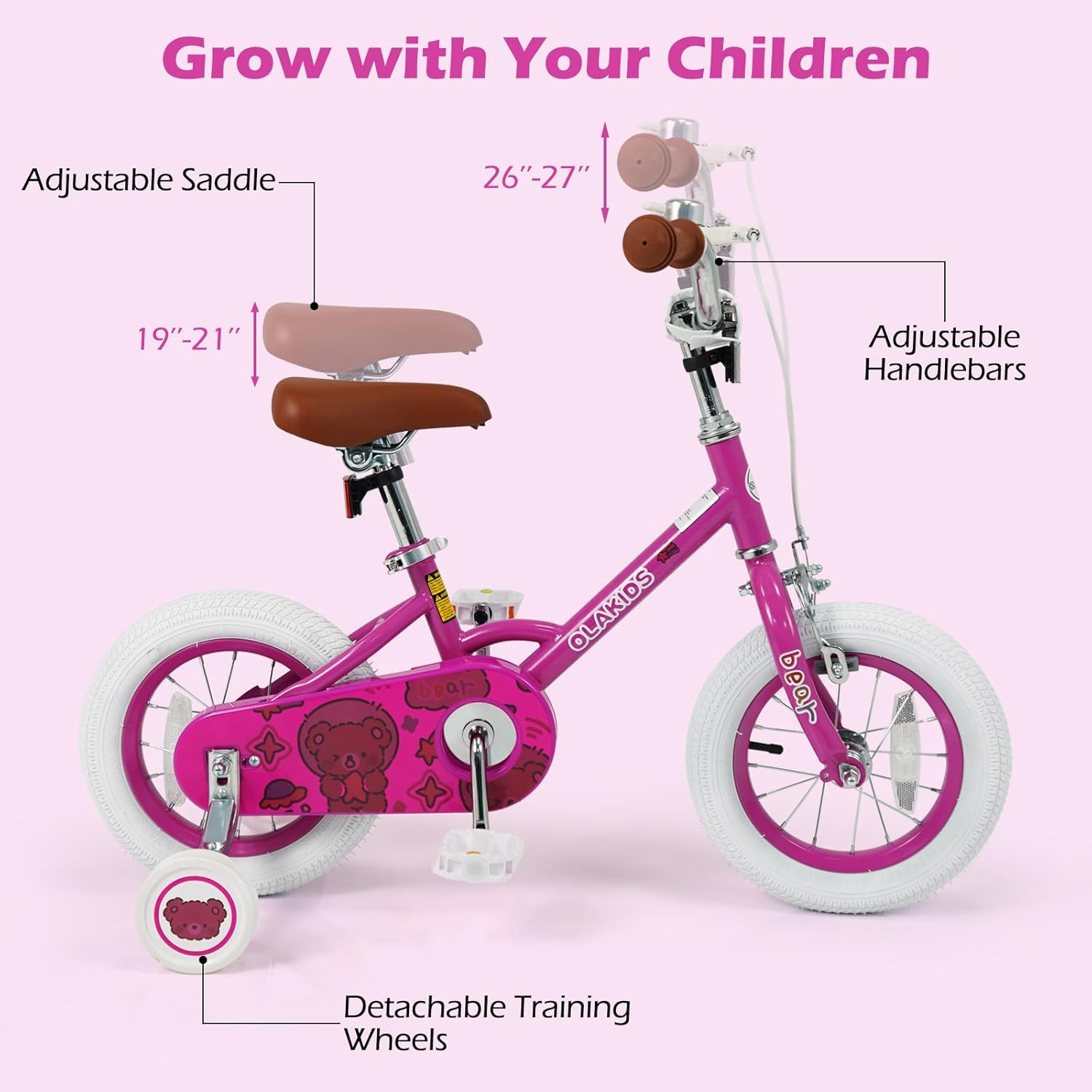 Olakids Kids Bike, 12 14 16 18 Inch Bear Themed Toddlers Bike with Training Wheels Adjustable Seat Handlebar Coaster Brake and Handbrake, Children's Bicycle for Boys Girls