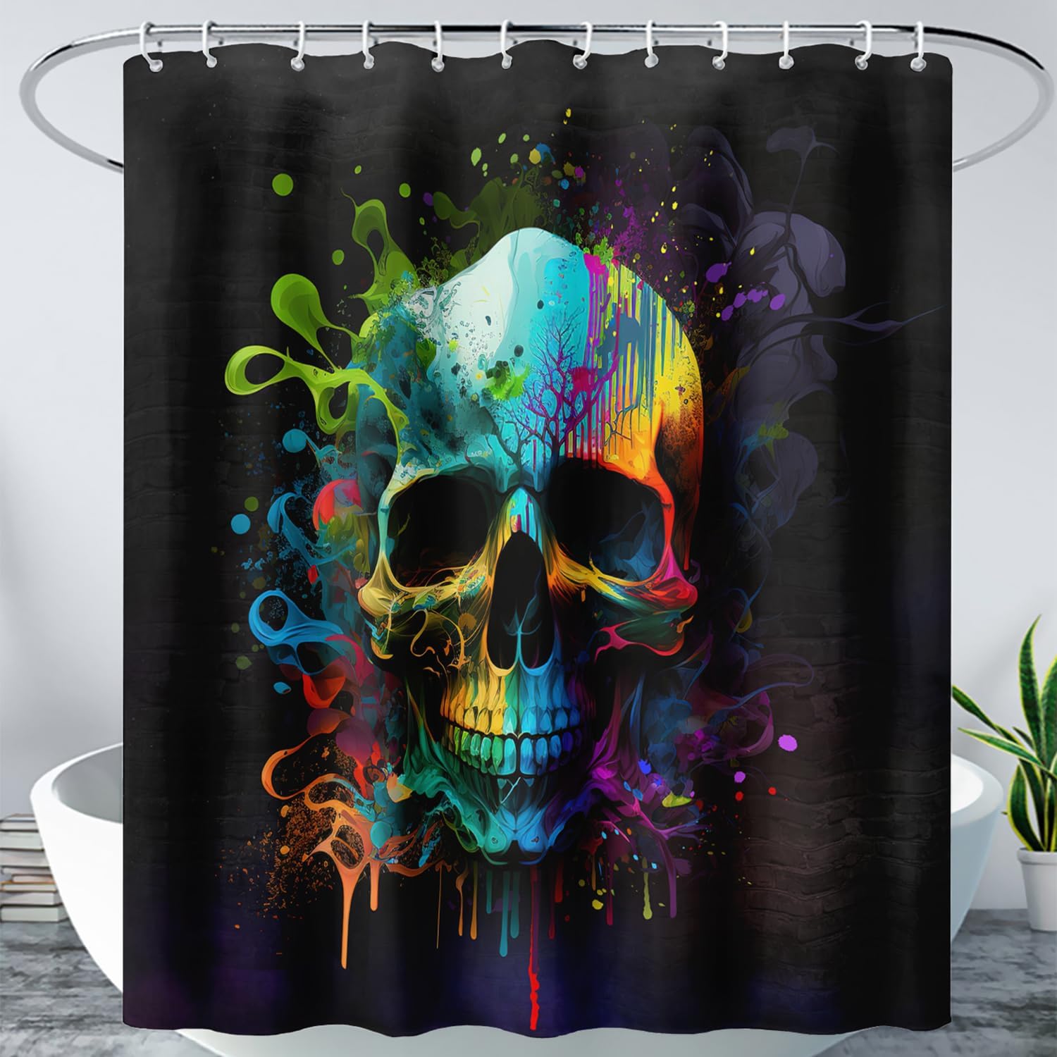AILONEN Sugar Skull Shower Curtain for Bathroom,Watercolor Skull Bath Curtain Decoration,Minimalism Tie Dye Skeleton Print Waterproof Black Curtain with 12 Plastic Hooks, 60" W*72" H
