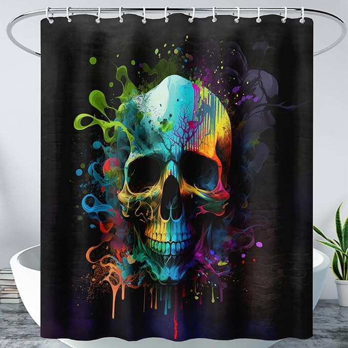 AILONEN Sugar Skull Shower Curtain for Bathroom,Watercolor Skull Bath Curtain Decoration,Minimalism Tie Dye Skeleton Print Waterproof Black Curtain with 12 Plastic Hooks, 36