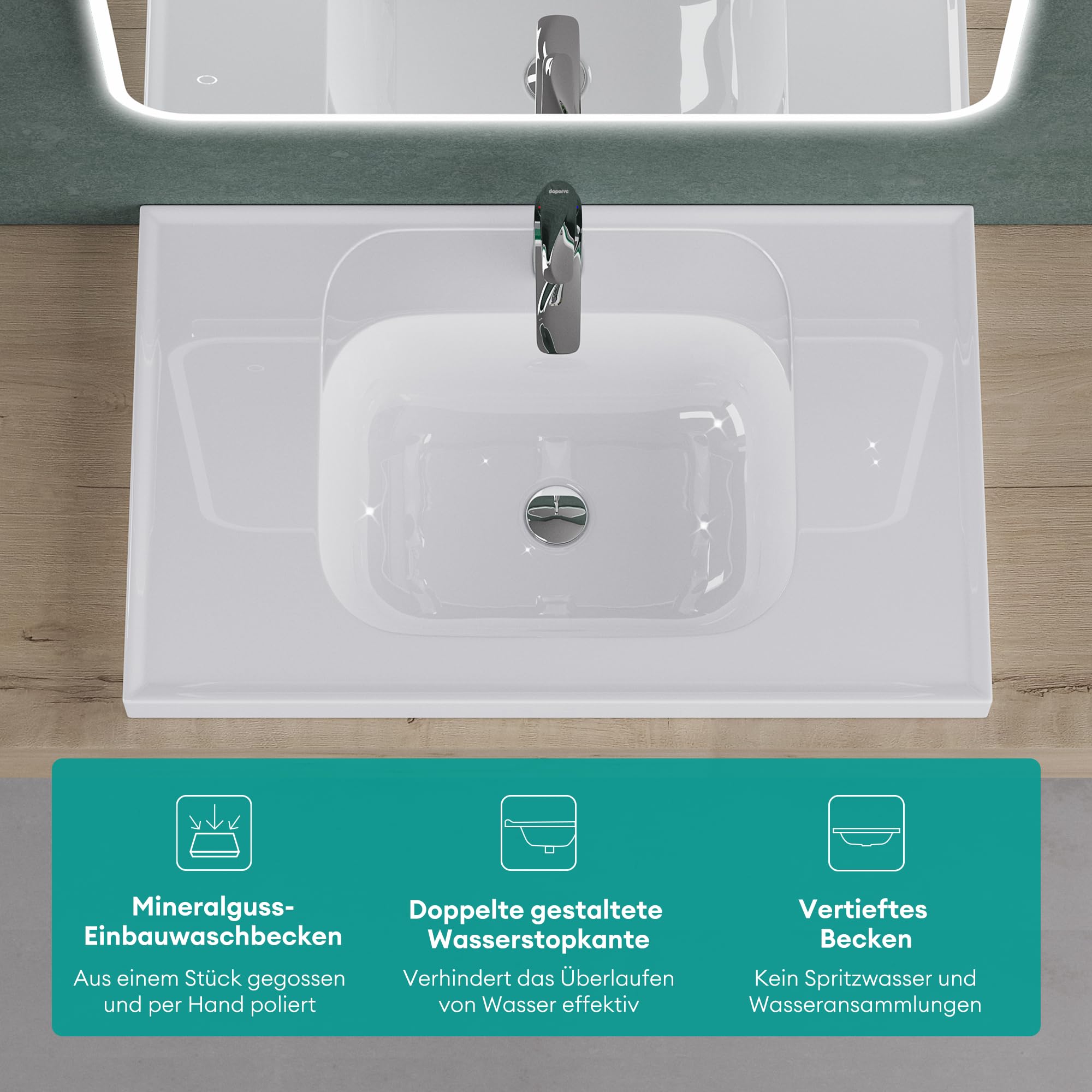 Mai & Mai Lavabo Encastrado Rectangular de Baño, Mármol Fundido, Blanco Brillante, 80x50x16,5 cm, con Orificio para Grifo y Desagüe DIN – Colossum3601