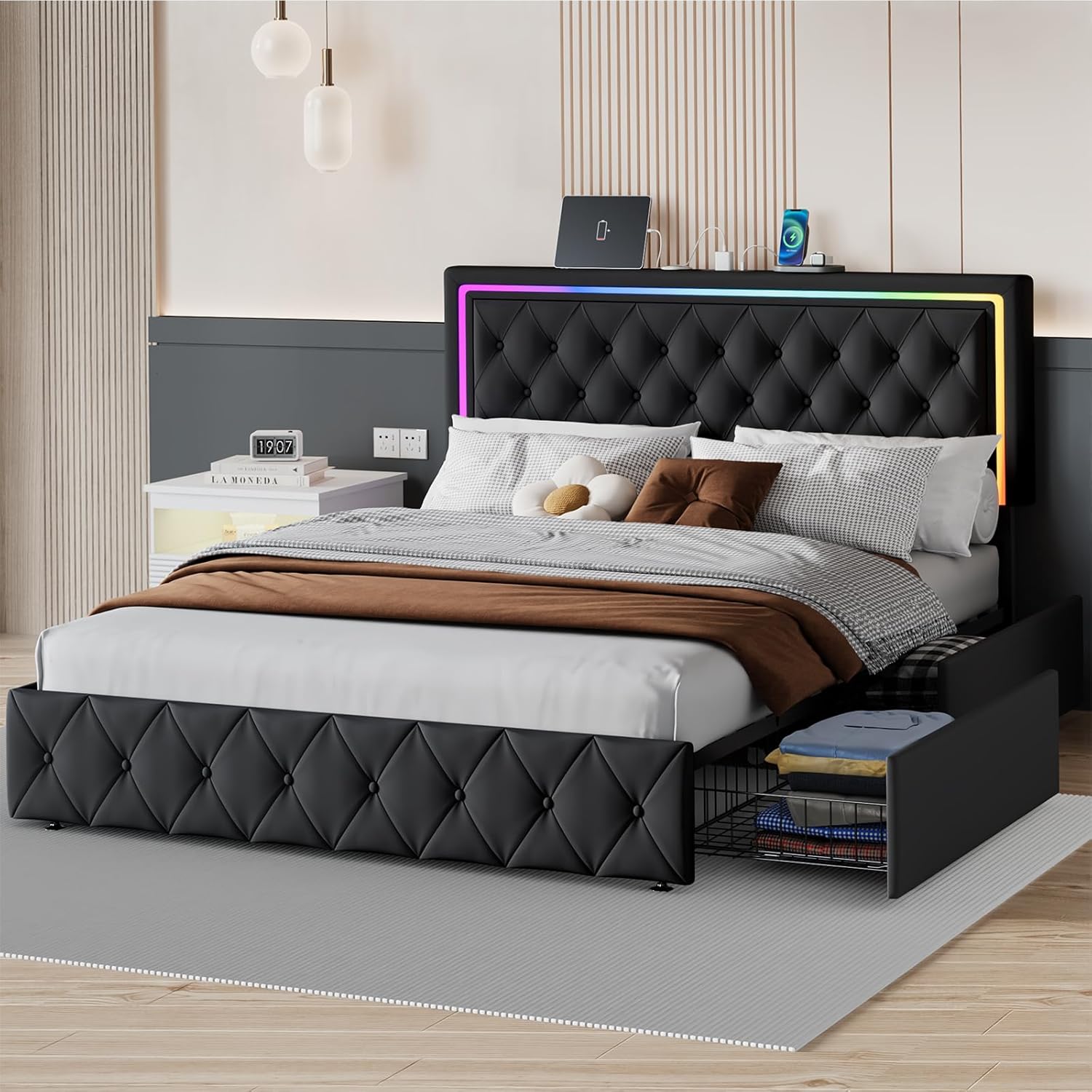 LED Full Size Bed Frame with Headboard and Storage,Full Bed Frame with 4 Storage Drawers and LED Lights,Velvet Upholstered Platform Bed Frame Full Size with Charging Station,No Box Spring Needed,Black