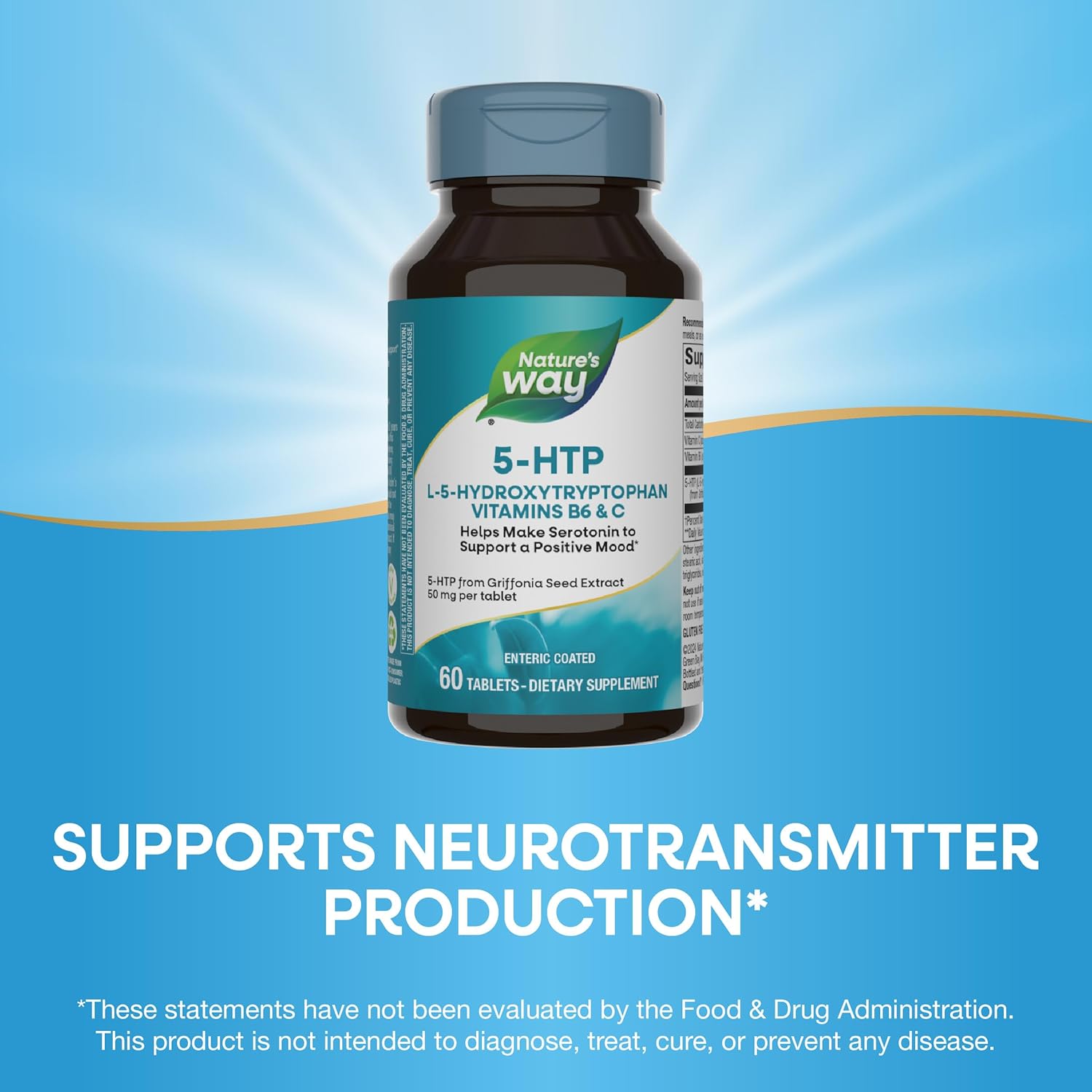 Nature's Way 5-HTP, L-5-Hydroxytryptophan, Helps Make Serotonin to Promote a Positive Outlook*, Vitamin B6, Vitamin C, Griffonia Bean Extract, 60 Tablets (Packaging May Vary) - Image 4