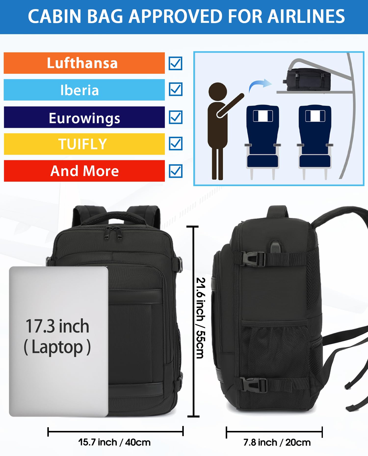KLOSTAIN Zaino da Viaggio 55x40x20cm Zaino da Viaggio Aereo Bagaglio a Mano 44L Borsa da Cabina per Uomo e Donna Zaino da Viaggio Lavoro e Scuola Trekking,17.3 Pollici Zaino Porta PC Nero