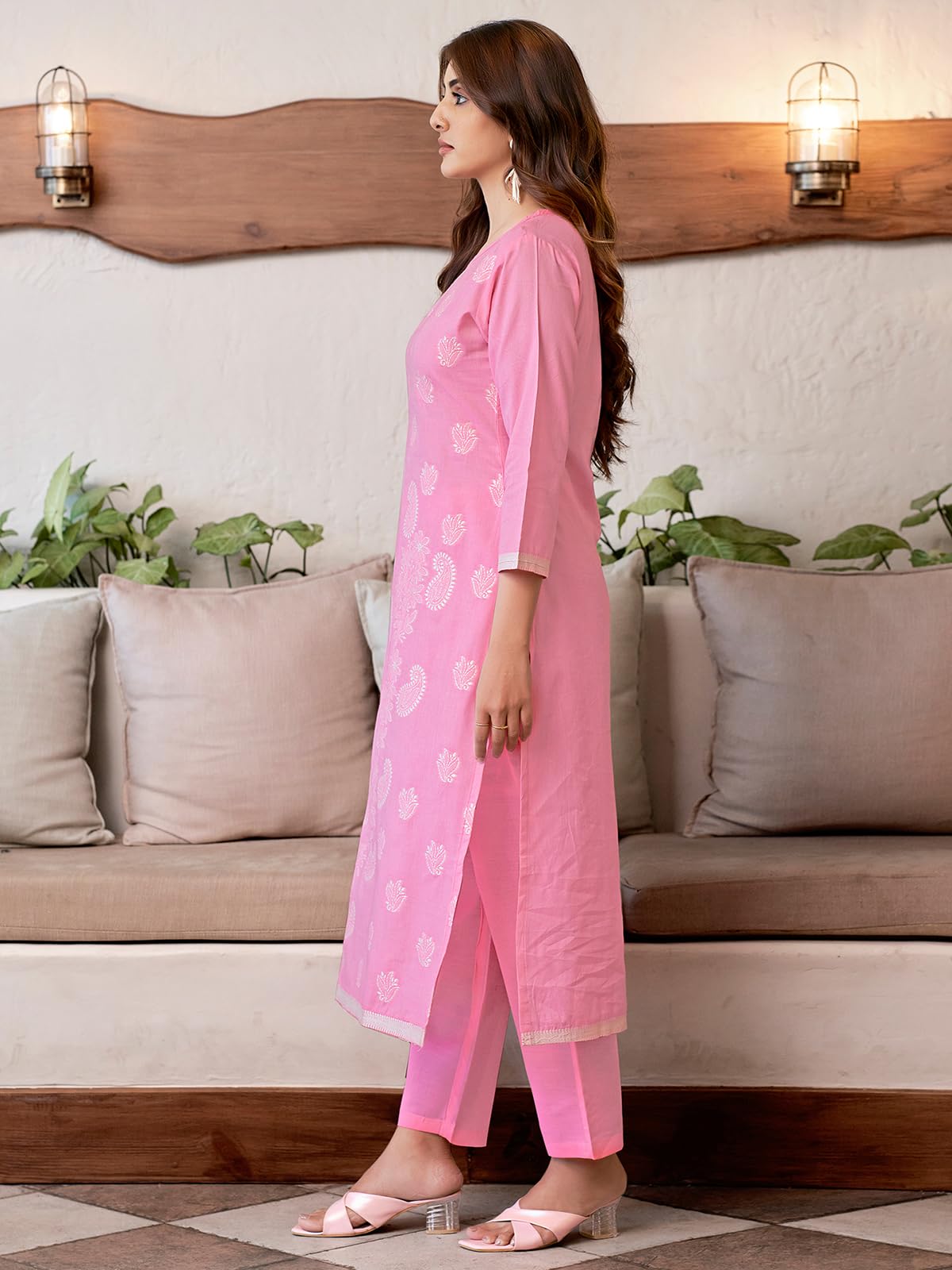 Sanisa Women's Cotton Jacquard Work Straight Kurta With Pant And Dupatta Set (212Kbd2244Na-Xxl_Pink & Off White)