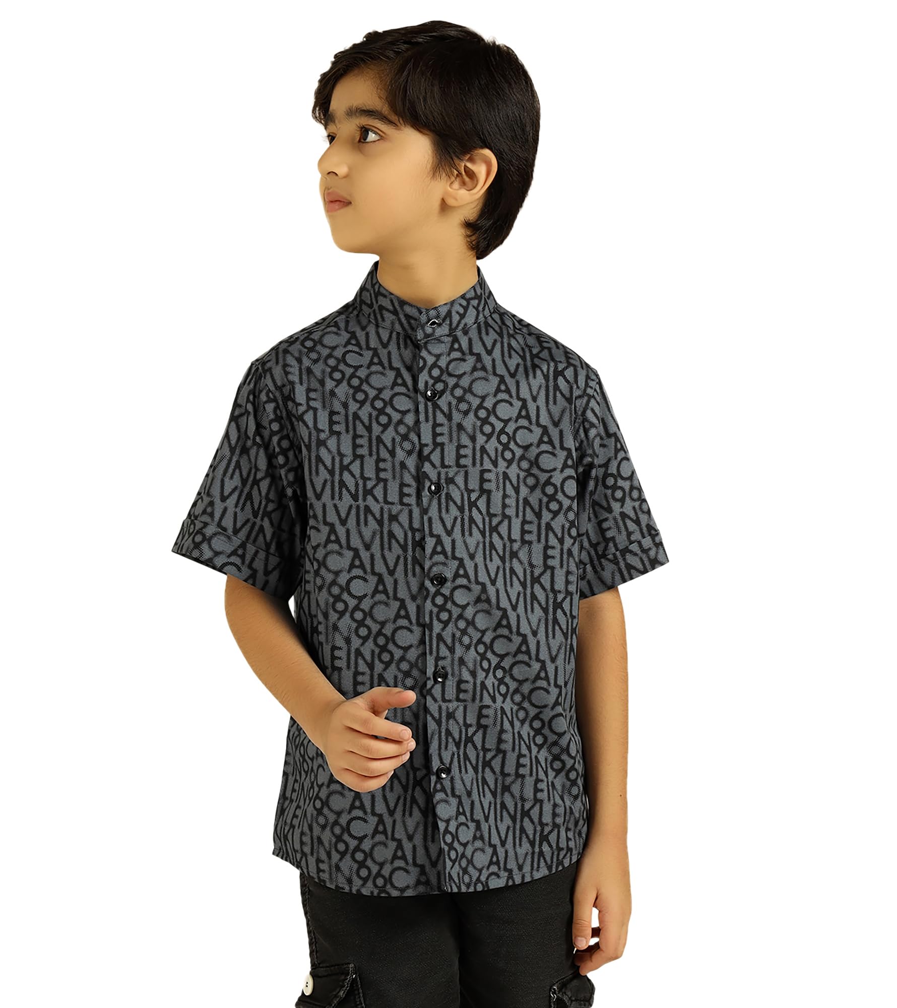 Bugandbees Boys Alphabetic Print Cotton Shirt|Half Sleeve|Mandarin Collar|Kids Clothes for Boys Dress 3-4 Years Fancy Dress|One Piece|Kids Wear|Party Casual Wear(BBSHB00000311_3-4Y_Grey)