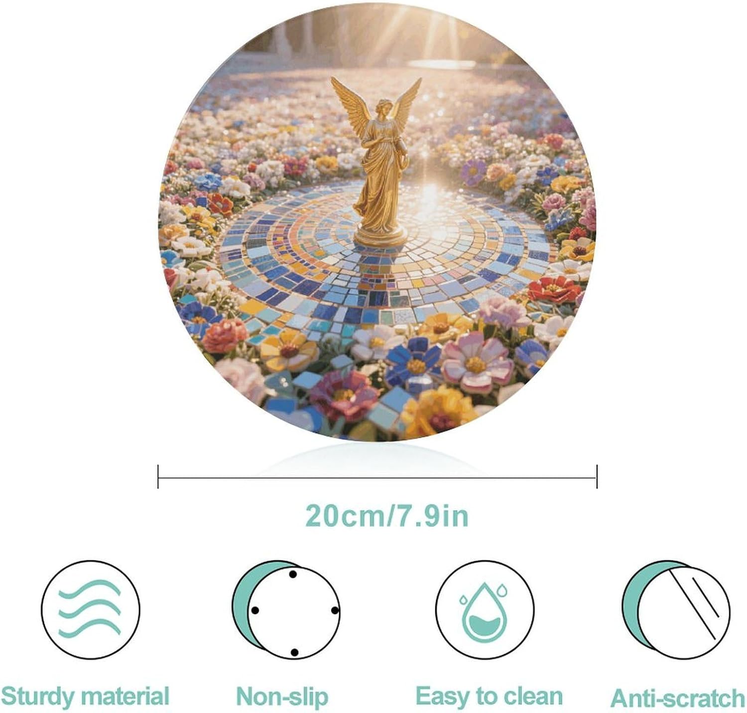 Mosaic Flower Sea with Angel Cutting Board Portable Small Chopping Boards Tempered Glass Kitchen Counter Protector Non-Slip Round Charcuterie Boards Mat for Bar Cheese Board