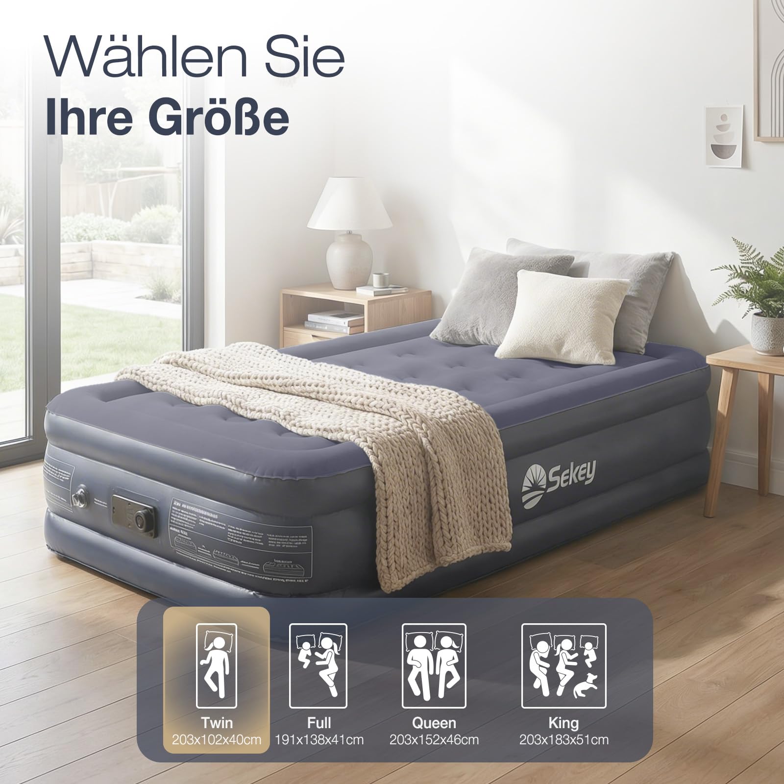 Sekey selbstaufblasende Luftmatratze für 1 Person, 203×102×40cm, Luftbett | Integrierte Pumpe, selbstaufblasendes Luftbett in 3 Minuten, aufblasbare Matratze für Camping & Zuhause