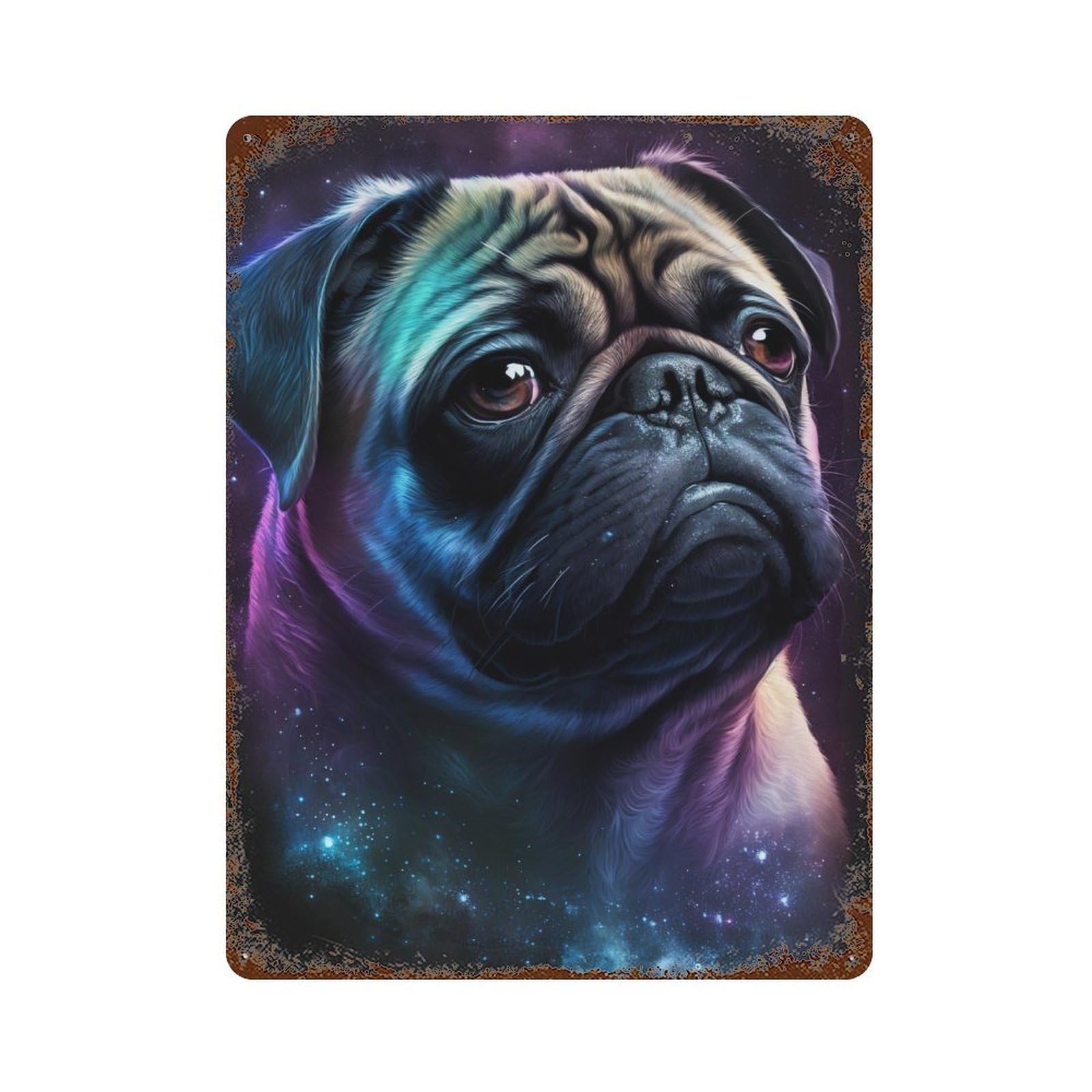 Retro Metal Sign with Cosmic Pug Portrait-4 Design 15.7"x11.8", for Farmhouse, Kitchen And Entryway Decor, Shabby Chic Decor