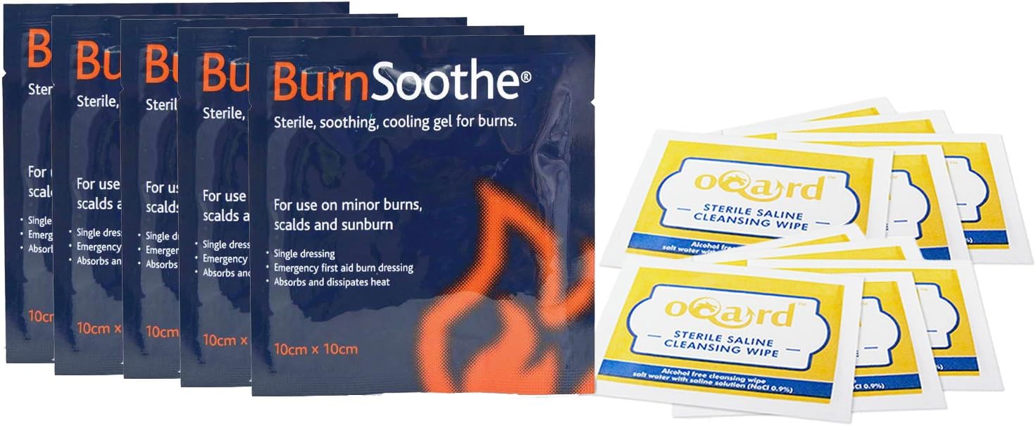 Burnsoothe Burn Dressing 10 cm x 10 cm and Oqard Saline Wipes - 5 Dressing, 10 Wipes