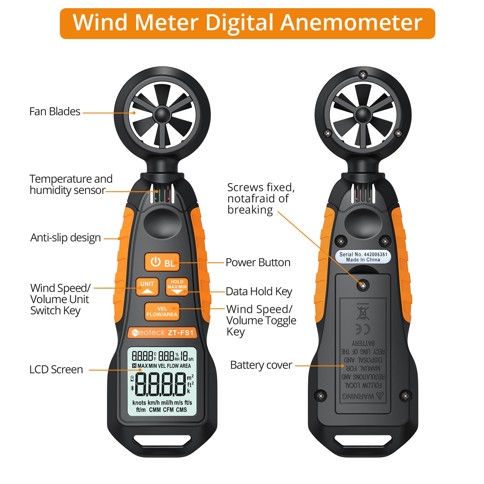 Anemometro Portátil Neoteck Medidor de Velocidad del Viento Digital con LCD Retroiluminación
