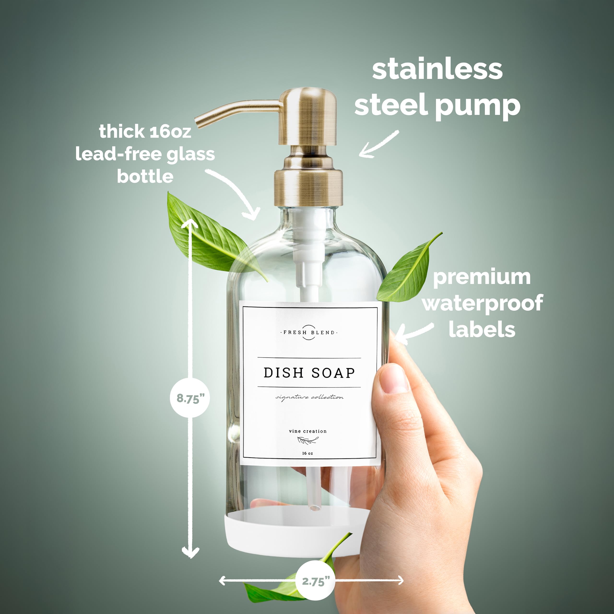 Vine Creations Dispenser di sapone in vetro trasparente, confezione da 2 dispenser di sapone da cucina con pompa in acciaio inossidabile, dispenser di sapone per le mani da 473,6 g, dispenser di