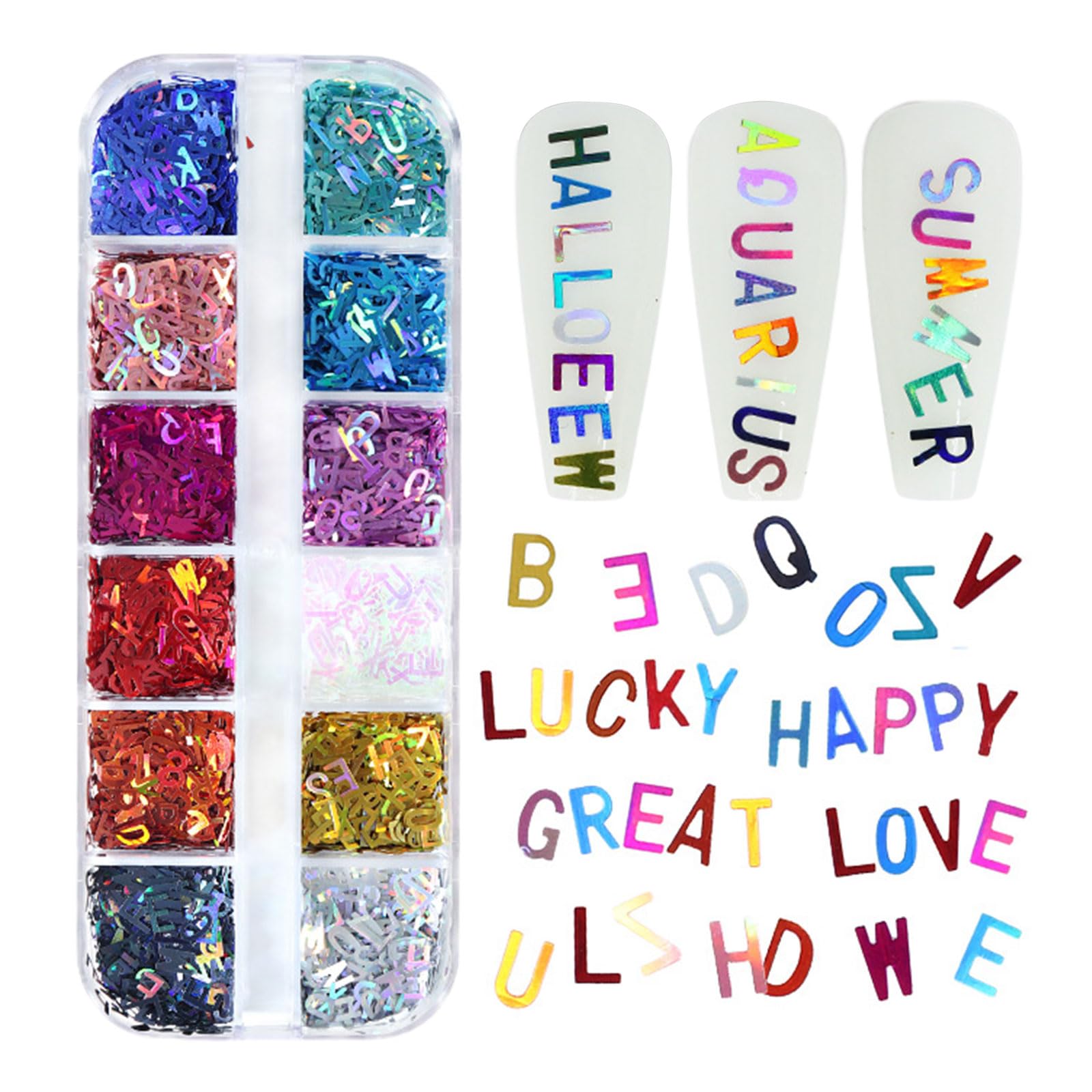English Letter Nail Art Glitter Sequins,1Box 12Grids Iridescent Laser Alphabet Nail Flakes for Nail Art,Sequins Resin Fillers Nail Glitter for Nail Art Design Decorations DIY Crafts (Colorful Letters)