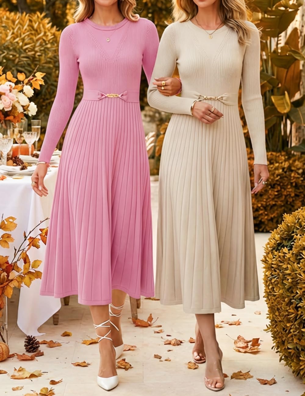 ZESICA Women's Long Sleeve Midi Sweater Dress 2026 Fall Crewneck Knit A Line Pleated Flowy Long Dresses with Belt - Image 6