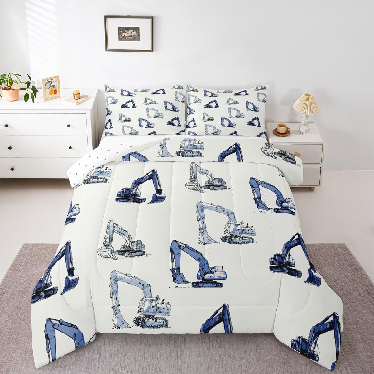 Feelyou Construction Bedding Set Kids Equipment Trucks Comforter Set Construction Vehicles Comforter for Room Decor White Blue Duvet Set with 2 Pillow Cases