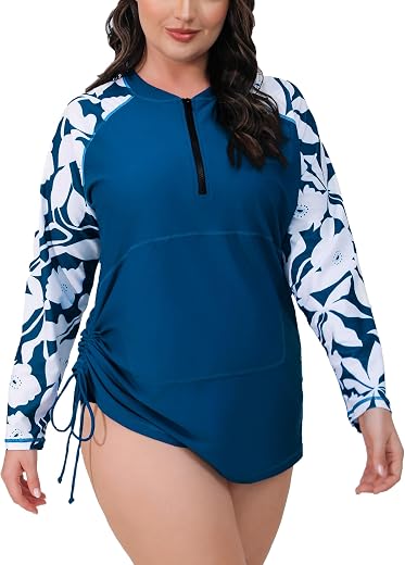 Halcurt Plus Size Rash Guard for Women UPF 50+ Zip Drawstring Ruched Pocket Top, Peacock Blue/Leaf, 4X