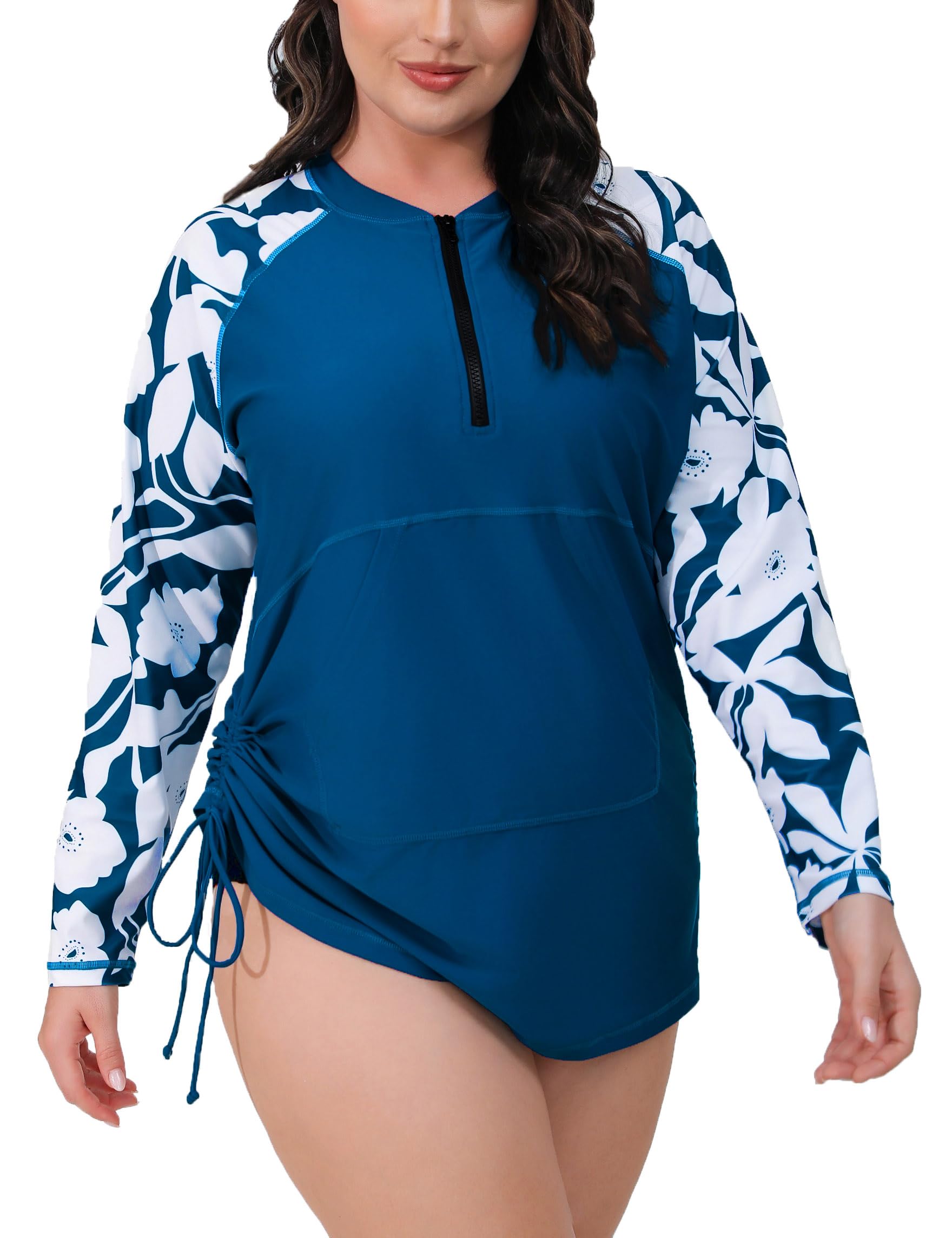 halcurt Plus Size Rash Guard for Women UPF 50+ Zip Drawstring Ruched Pocket Top, Peacock Blue/Leaf, 4X-picture-15