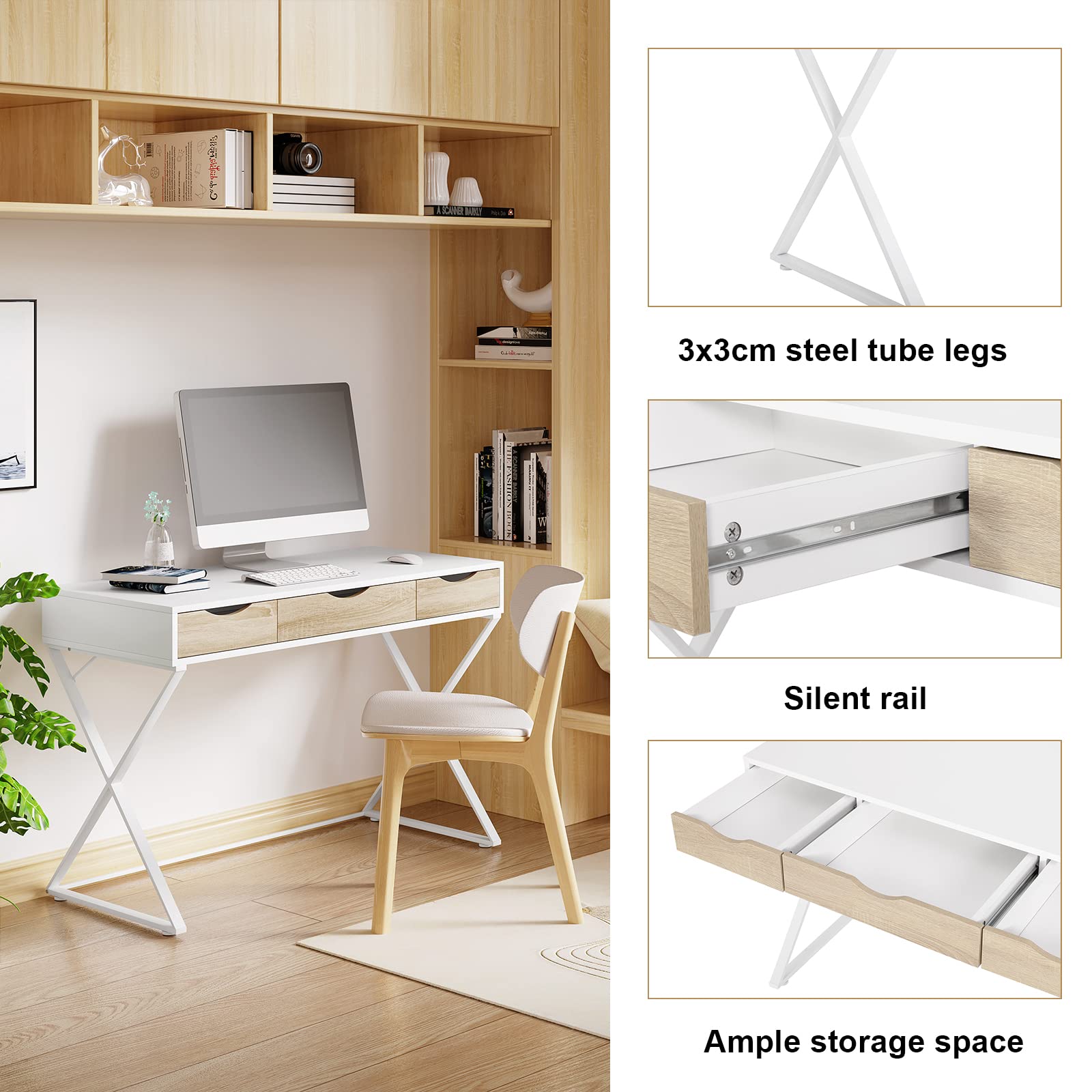 WOLTU Escritorio Blanco de 3 Cajones - Mesa Ordenador Metal-Madera para Oficina Casa/Habitación - 110x50x75cm
