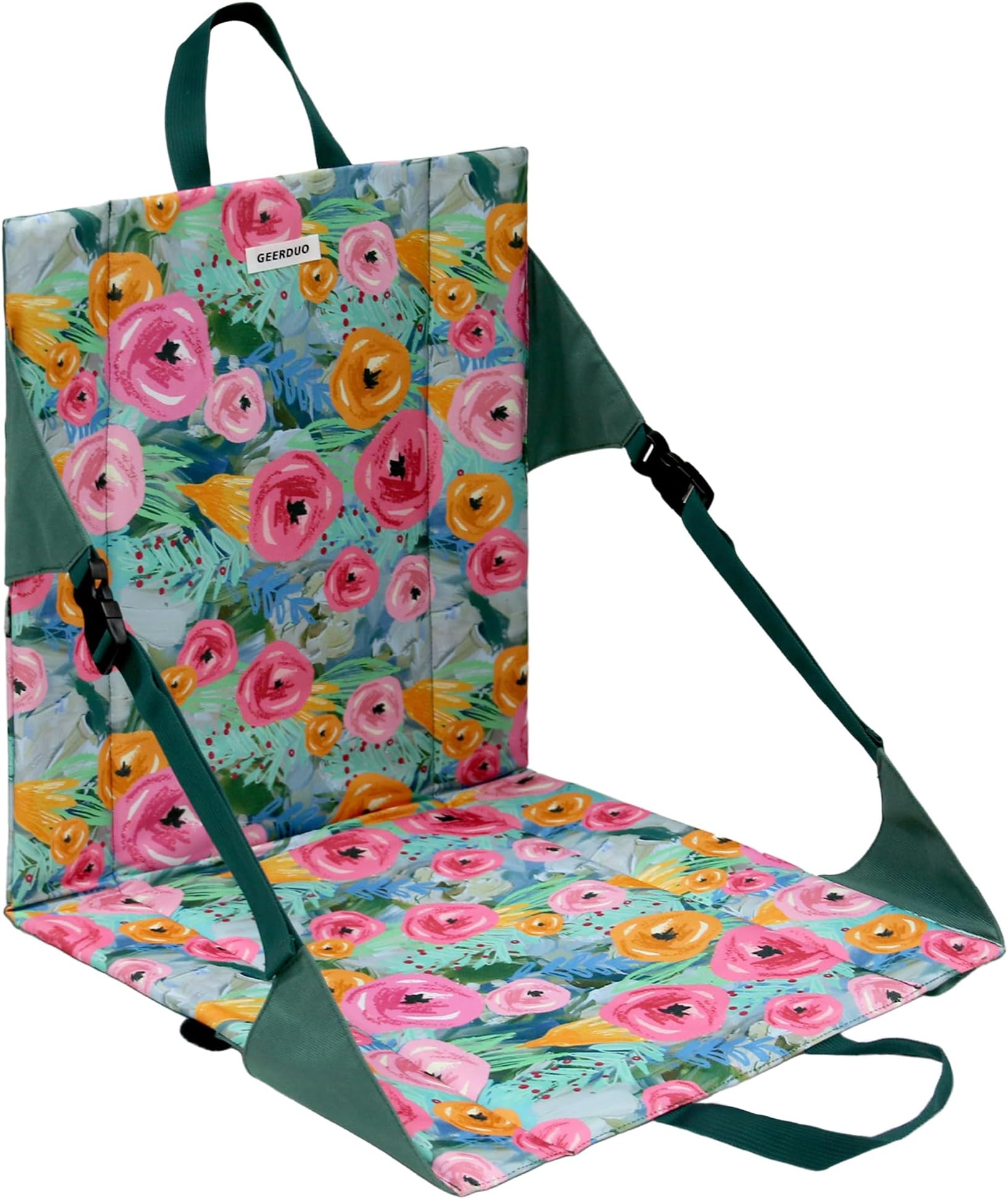 Portable Stadium Seat Cushion with Backrest Padded Seat Lightweight Folding Camping Chair Adjustable Straps for Hiking Concerts Sports Events Outdoor Activities (Green Floral)