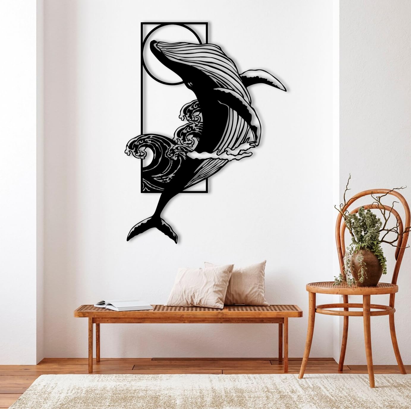 Nowoczesna minimalistyczna dekoracja ścienna z metalu - niebieski wieloryb, sztuka oceaniczna, rzeźba do salonu, sypialni, łazienki (czarny, 90 x 66 cm)