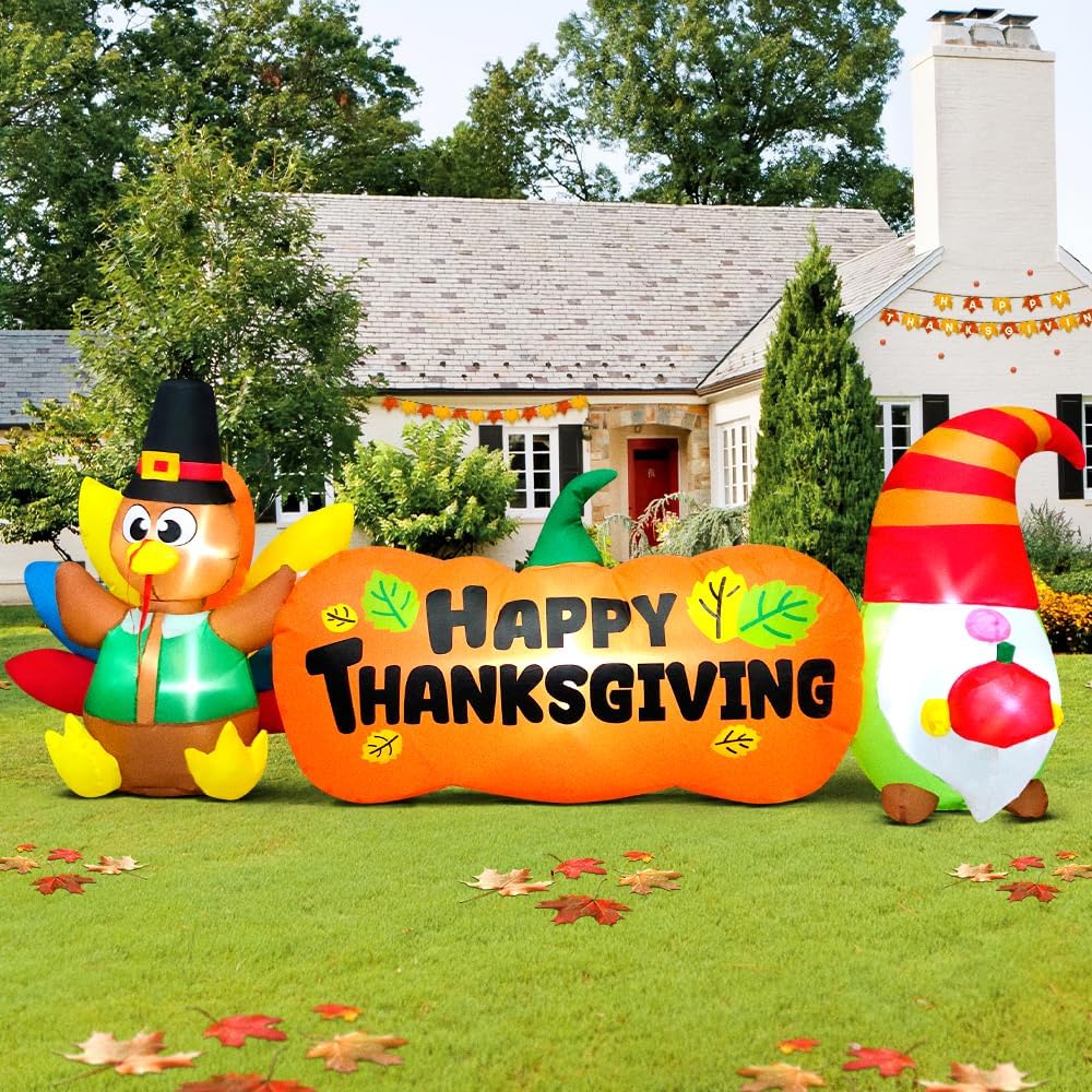 8FT Thanksgiving Inflatables Outdoor Decoration Inflatable Turkey Pumpkin Gnome, Built in LED Lights Blow Up Yard Decorations for Fall Holiday Party Garden Lawn Décor