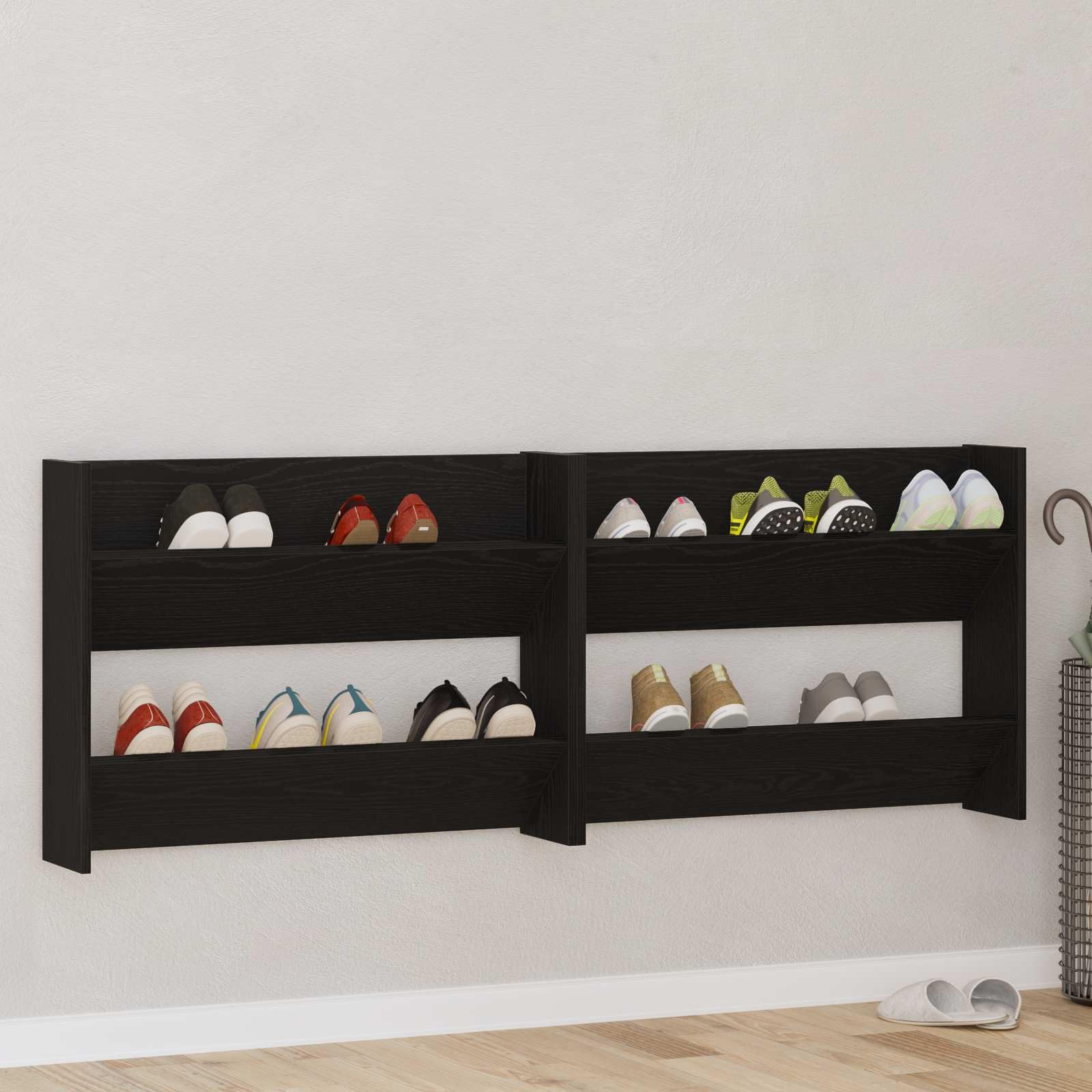 Szafka na buty, 2-częściowa, czarna, imitacja dębu, 83 x 18 x 60 cm, montaż ścienny, regał na buty z półkami z deskami, zajmuje mało miejsca, do korytarza, korytarza, przedpokoju, systemu