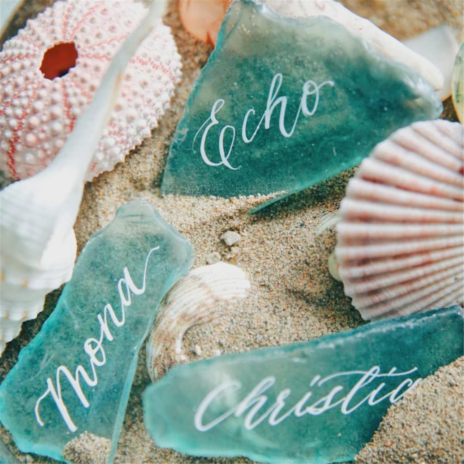 TETOU Blank Irregular Shaped Pieces Sea Glass Place Cards DIY Name Cards for Beach Wedding, Banquets Dinner Party Events Decoration (20pcs,Blue-Green)