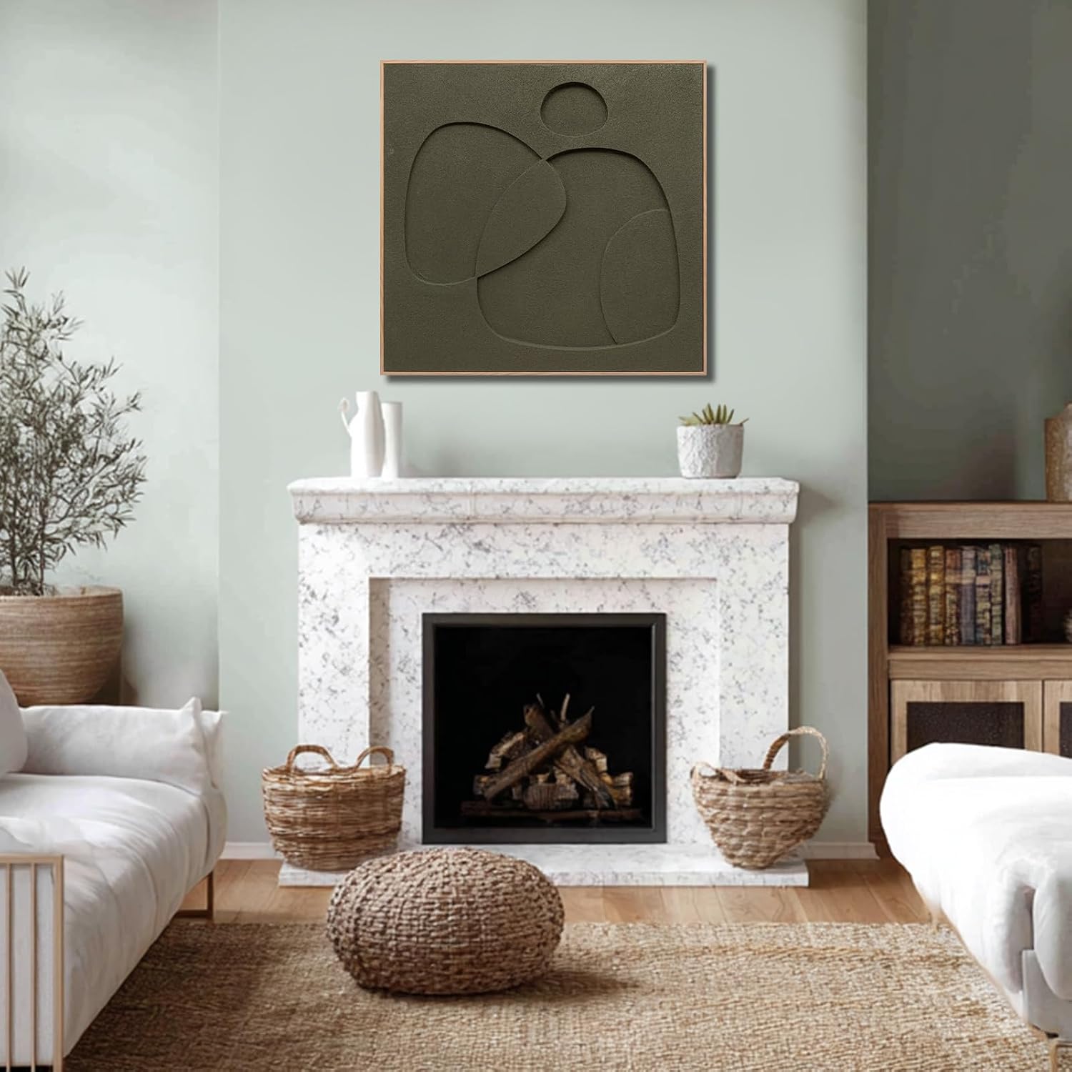 Framed Green Abstract Wall Art, Hand-Painted Minimalist Textured Canvas Artwork for Living Room, Bedroom, Dining Room or Office, 32x32 Inch
