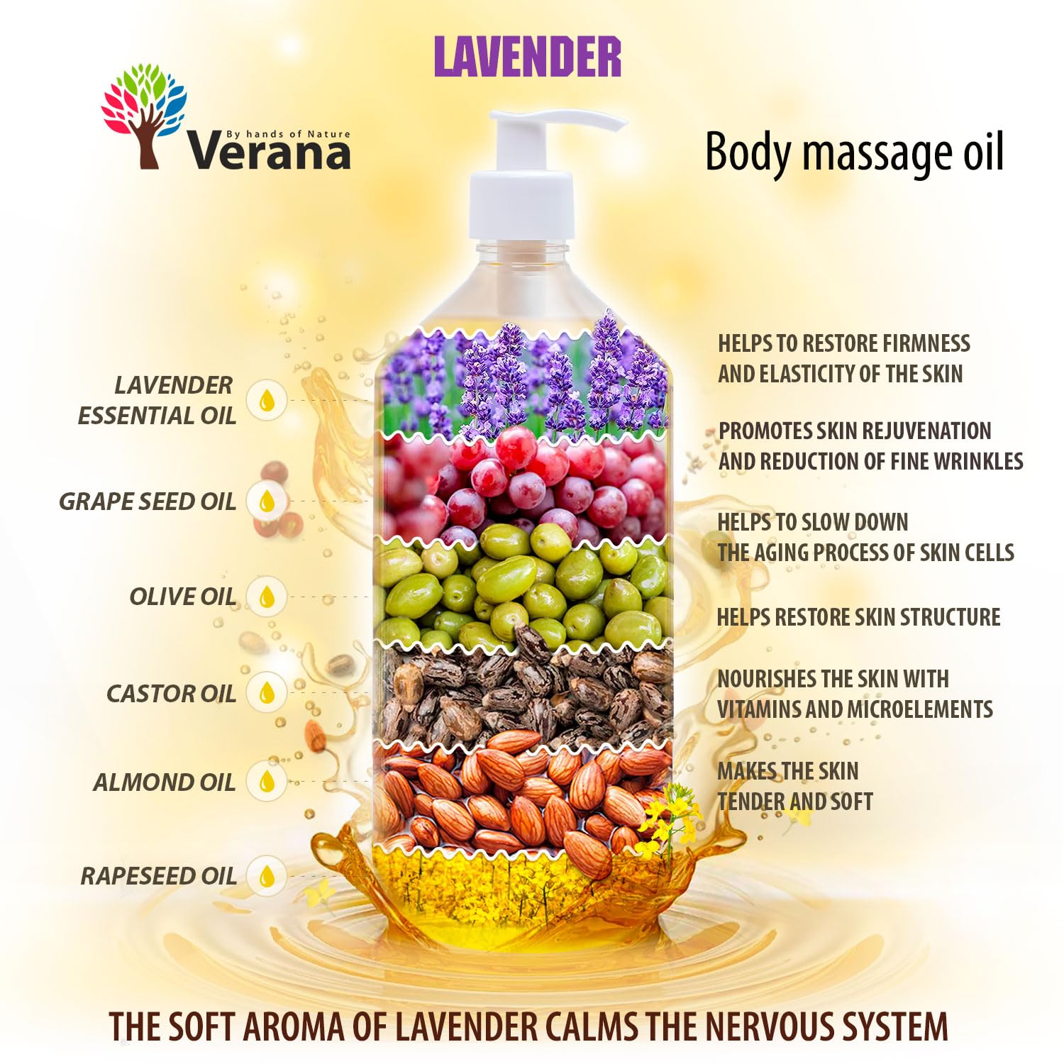 Verana Olio per Massaggio corpo Lavanda, Naturale, Senza OGM, Rilassante, Rende la Pelle Morbida ed Elastica, Calma il Sistema Nervoso, Massaggio Rigenerante e Nutriente, Aromaterapia (1L)